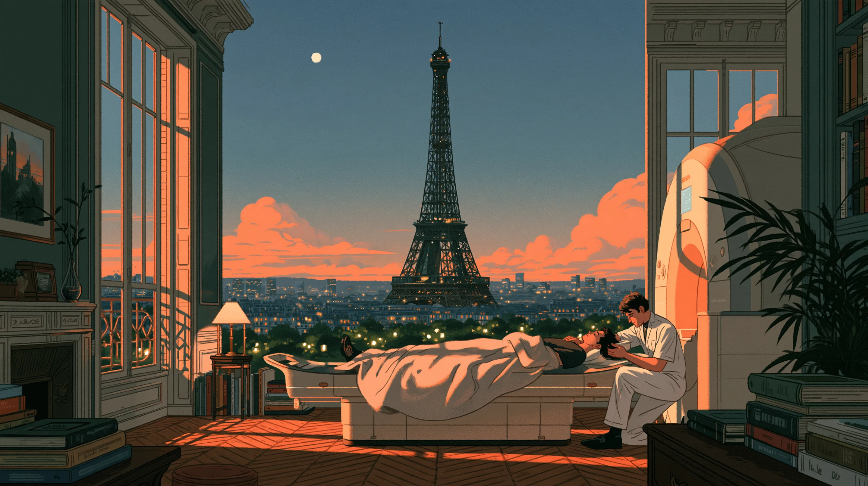 A radiographer reassuring a guest under a soft blanket on the scanner bed of a private MRI suite in a Haussmann apartment, the Eiffel Tower through tall windows at dusk
