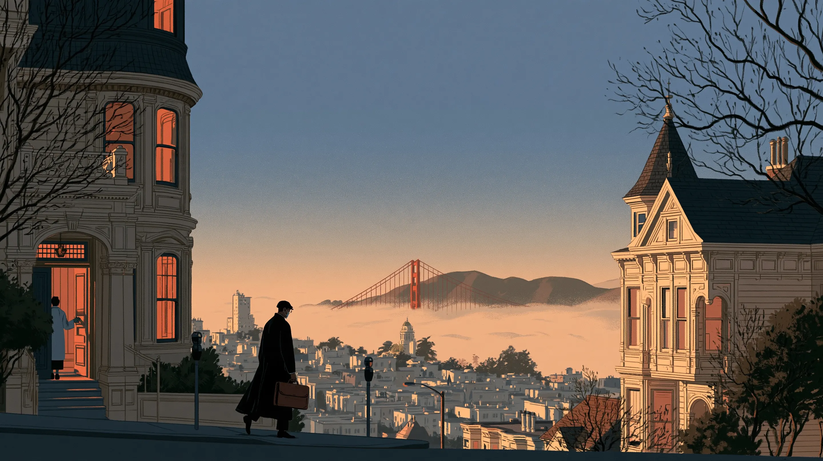 A doctor with a leather bag walking up a Pacific Heights street at dawn towards a Victorian house where the owner waits at the door, the Golden Gate in the fog beyond
