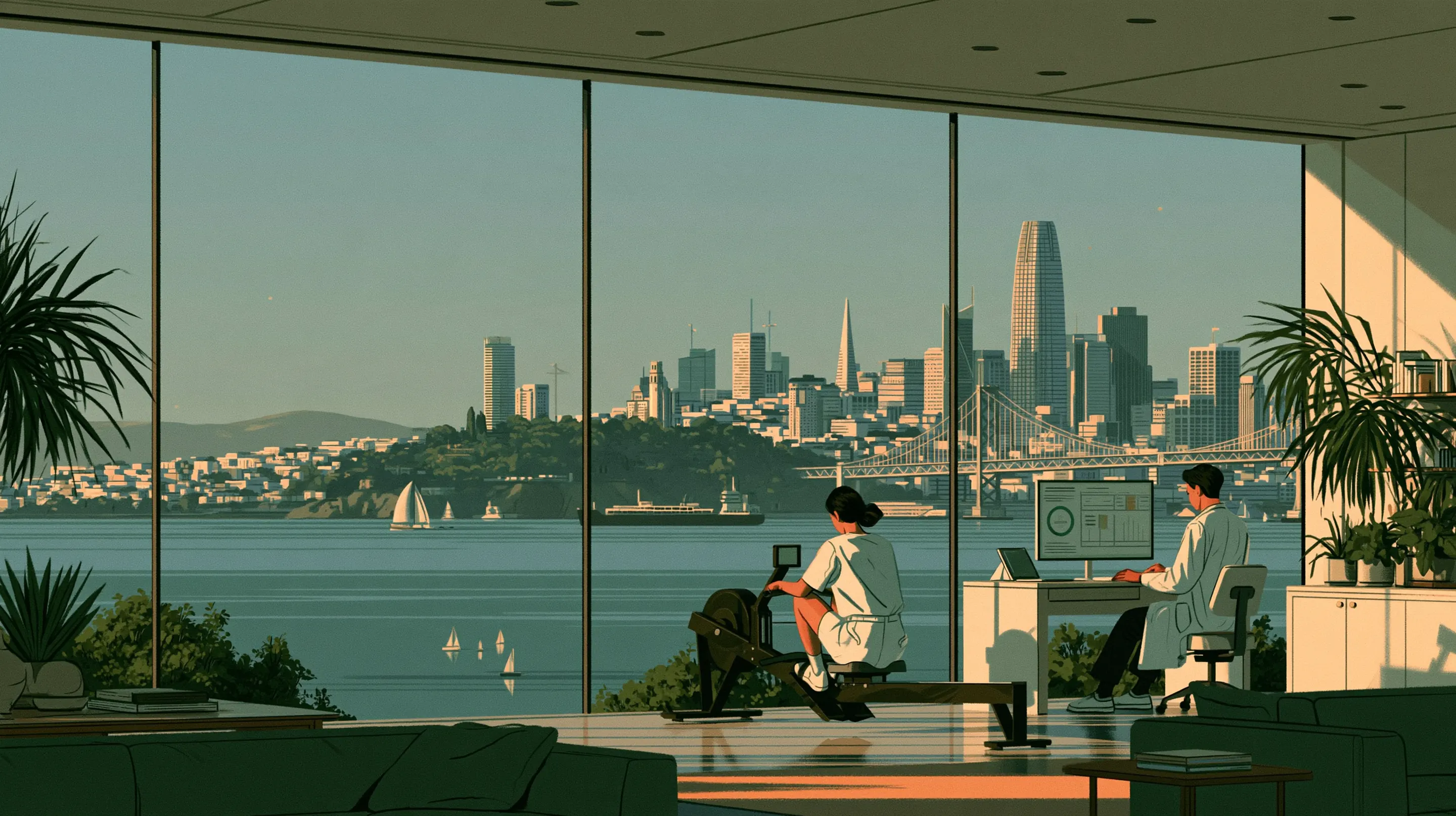 A woman on a rowing machine in a bright glass studio above the bay, a doctor reviewing her results on a screen, the San Francisco skyline beyond