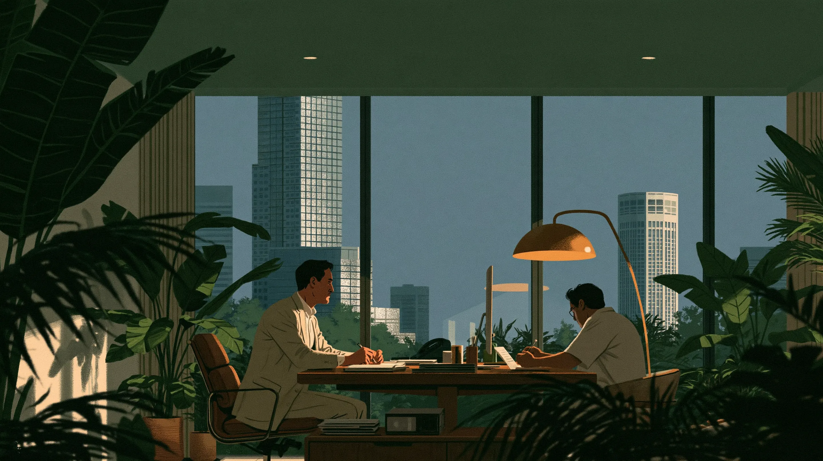 A businessman in a linen suit in a calm consultation with a doctor at a desk in a bright room among tropical plants, Singapore towers through the window