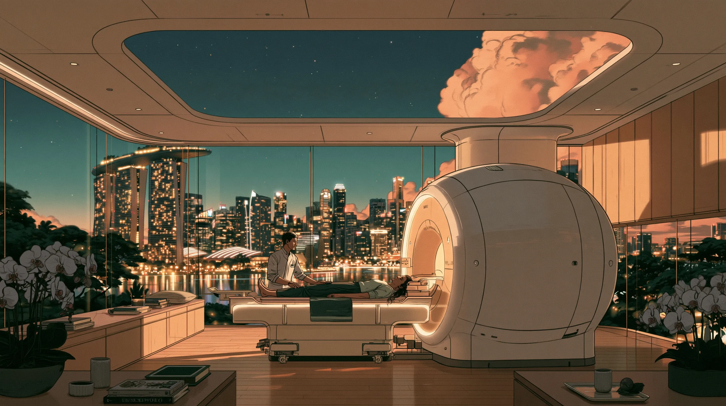 A calm private MRI suite of pale wood and white orchids at night, a guest resting on the scanner bed with a radiographer beside him, Marina Bay Sands and the lit skyline beyond