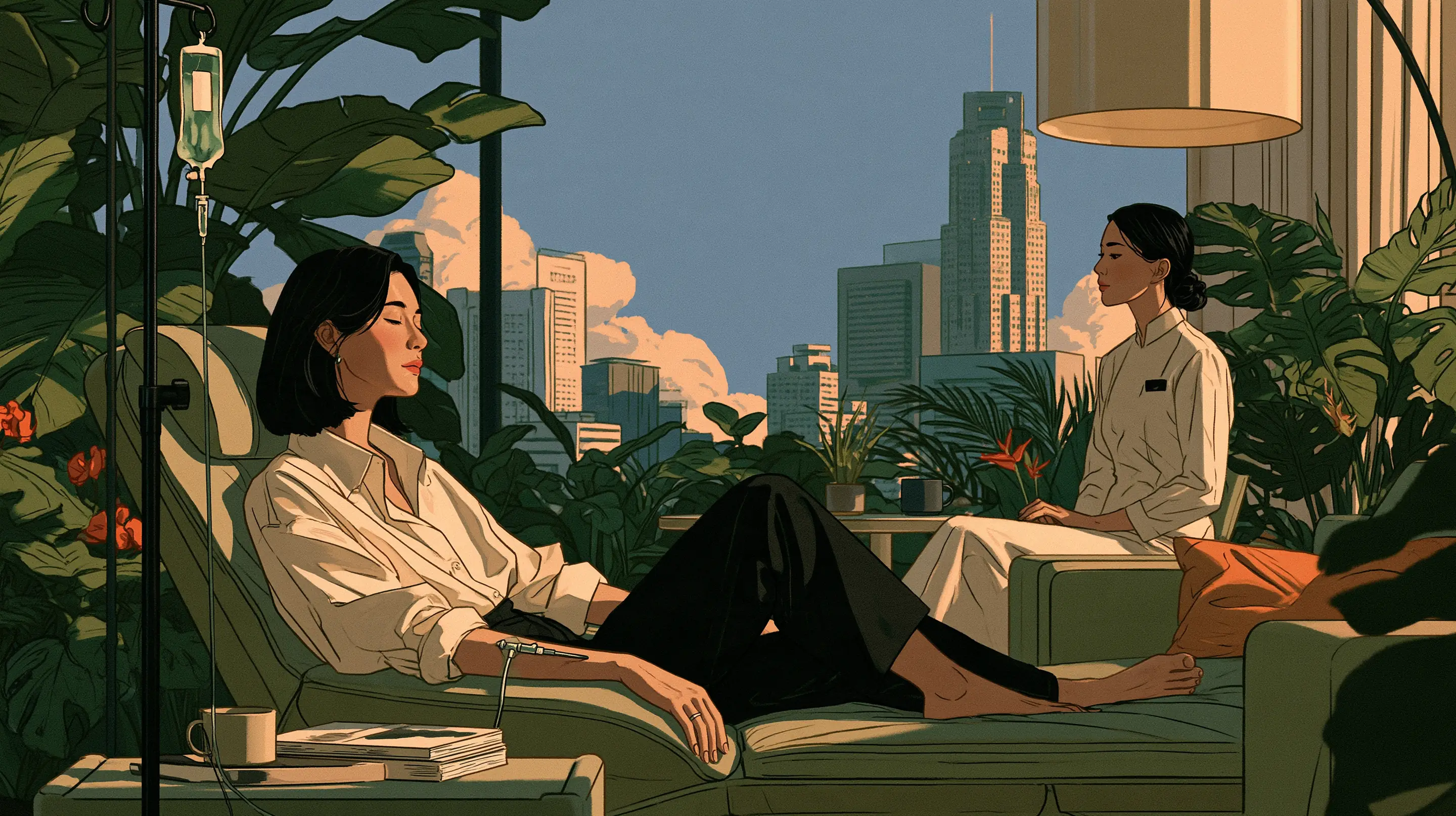 A woman resting with an IV drip in her arm in a lounge chair among tropical plants, a nurse seated beside her, the Singapore skyline beyond