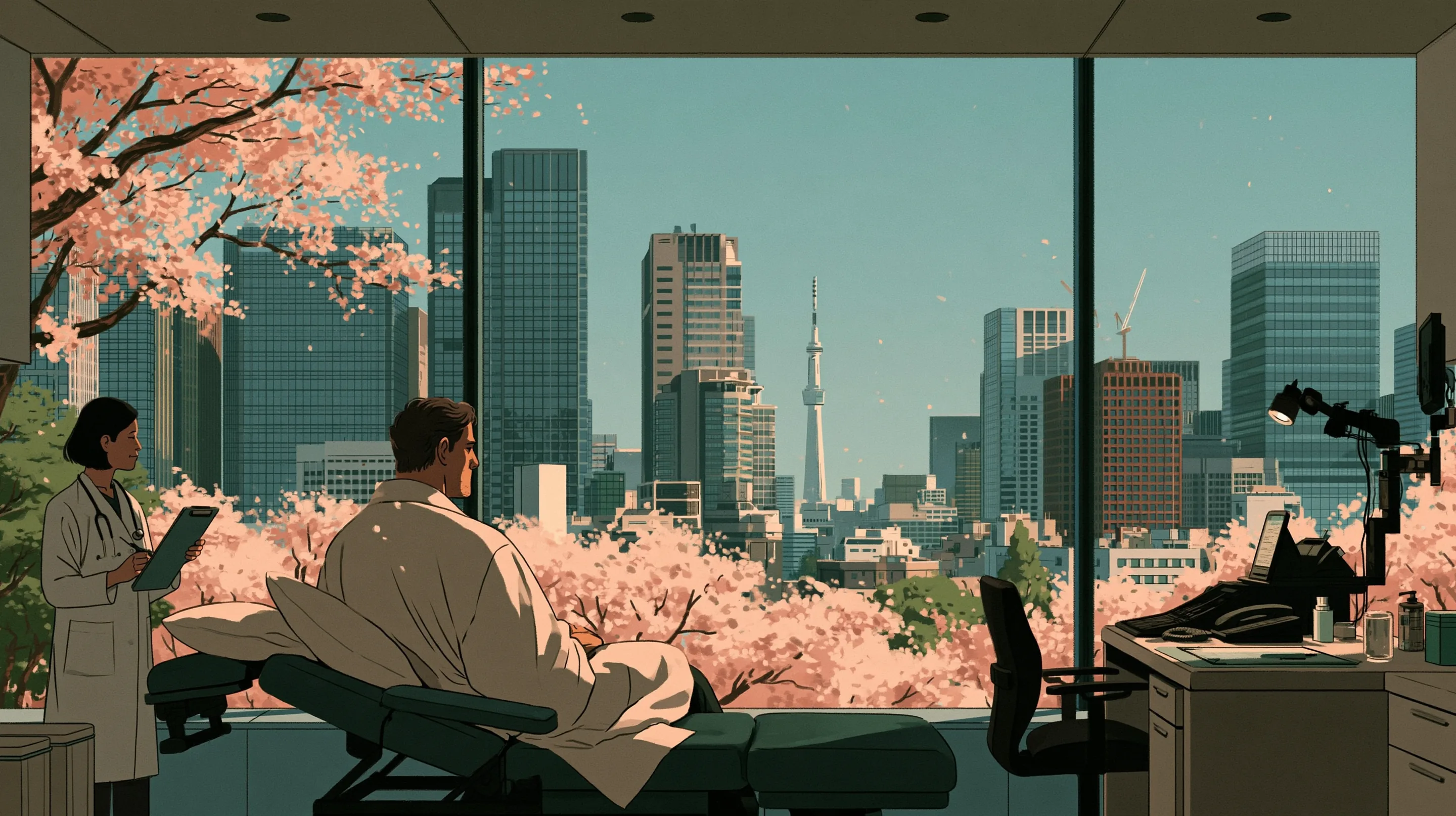 A man in a soft robe resting in a screening suite high in Marunouchi, a nurse with a clipboard beside him, cherry blossom and the Tokyo towers through the window