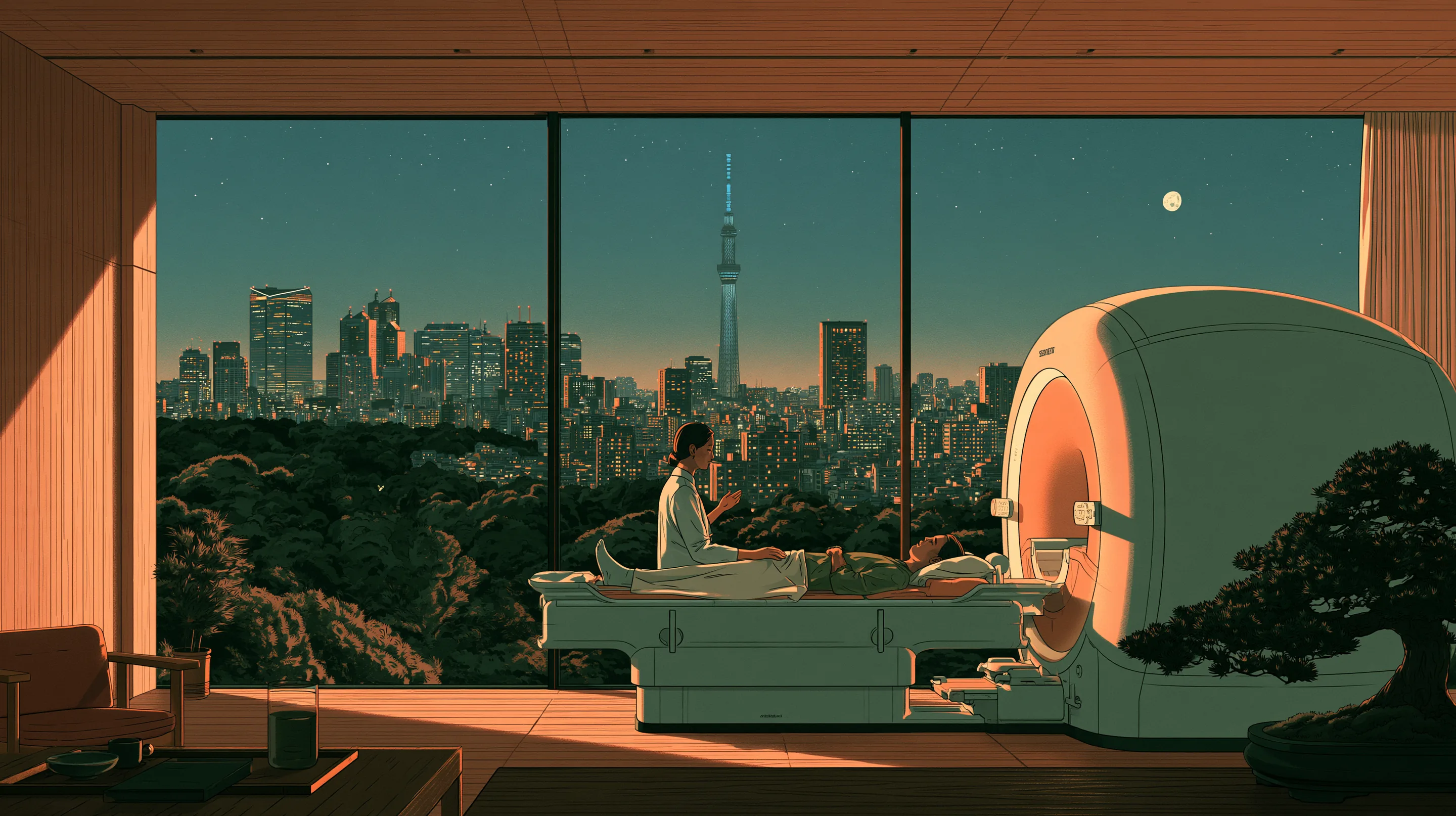 A radiographer sitting with a guest on the scanner bed of a calm private MRI suite of pale wood and bonsai at night, the Tokyo skyline and the lit Skytree through the window