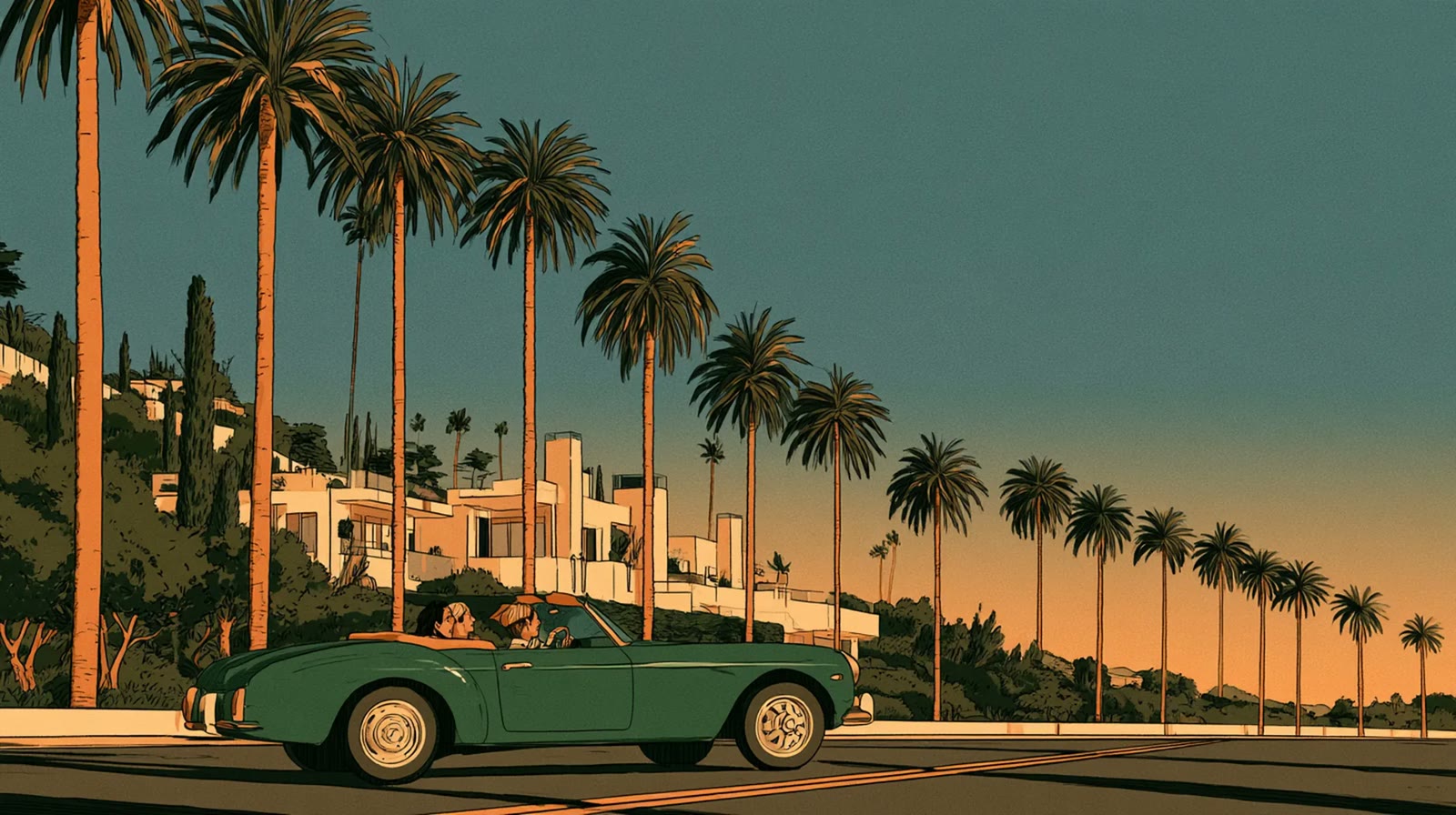 A couple in a vintage convertible on a palm-lined Beverly Hills street
