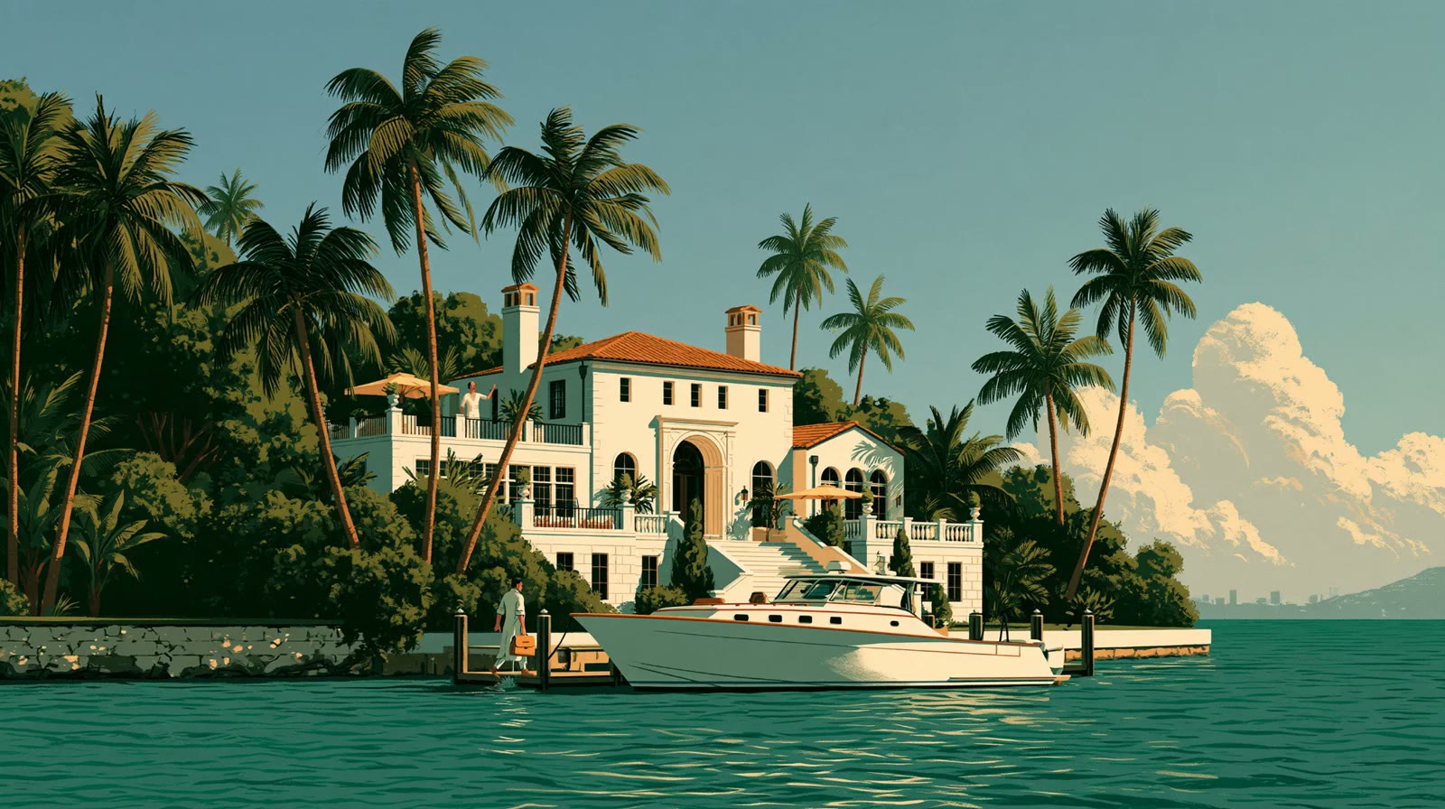 A white villa among palms on Biscayne Bay, a doctor stepping off the dock with a bag