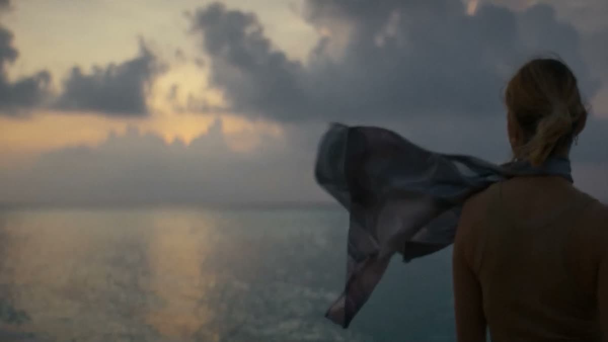 A woman at the sea, her scarf lifting in the wind