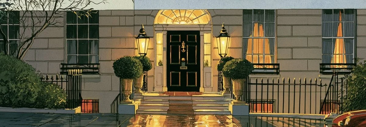 A black Georgian front door at dusk, lanterns lit either side and wet stone steps