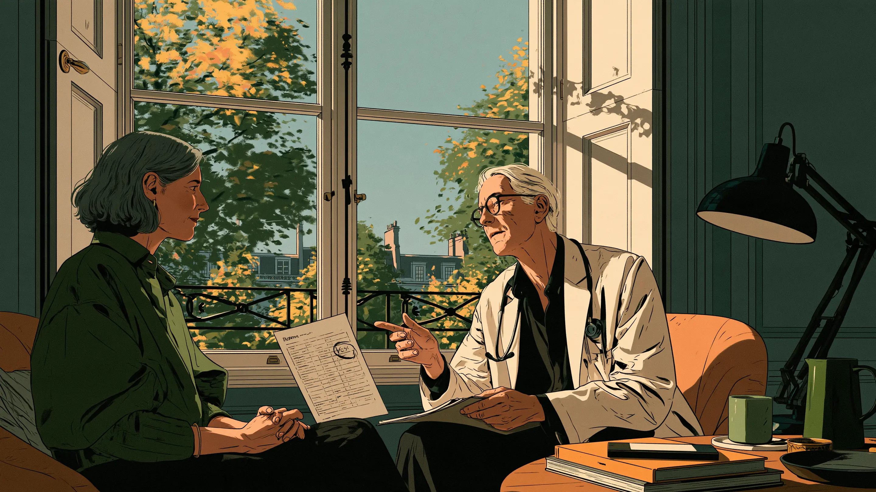 A doctor explaining a blood test result to a patient in a London consulting room