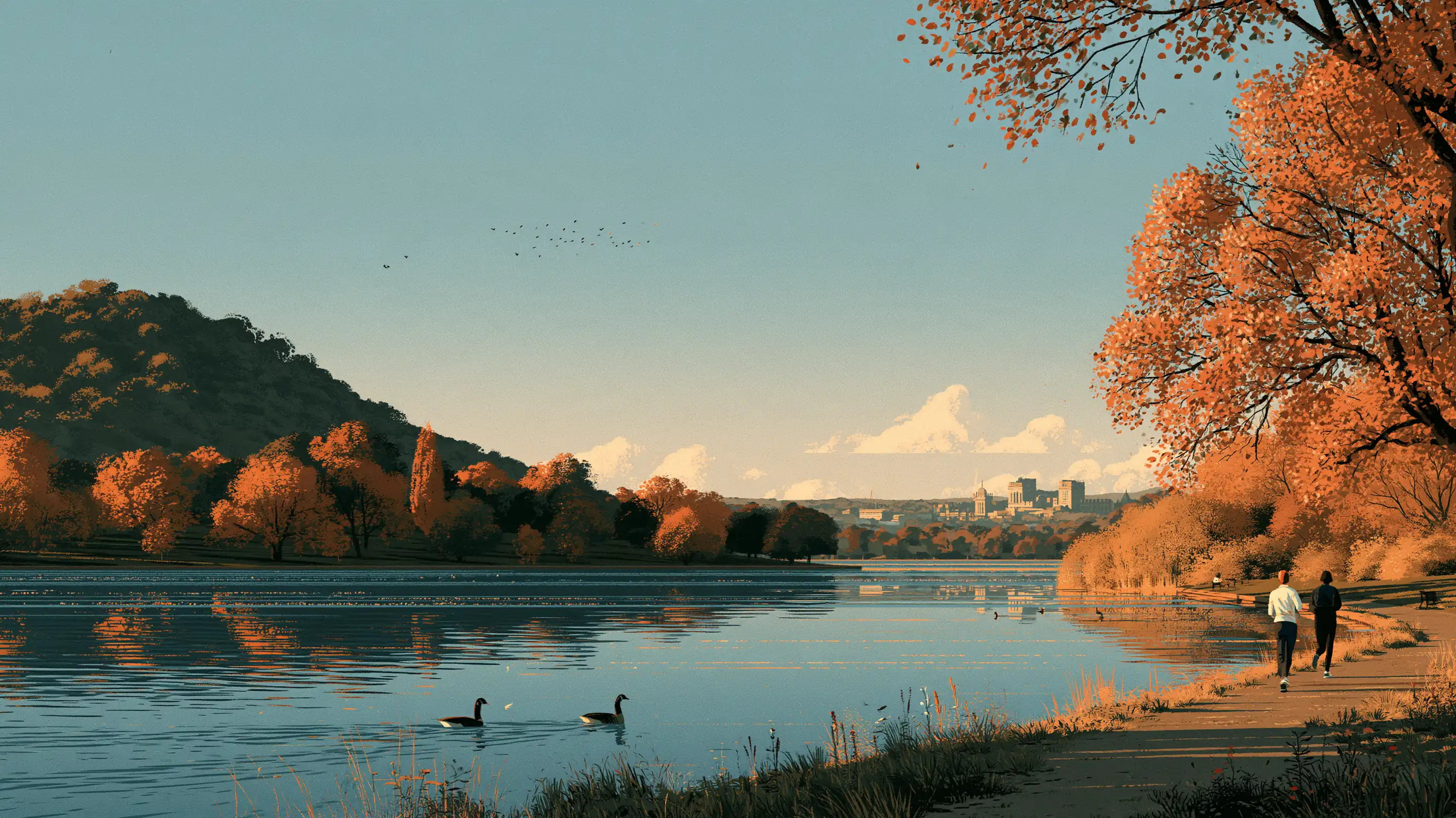 A woman in her fifties running beside the Serpentine in Hyde Park on a bright morning