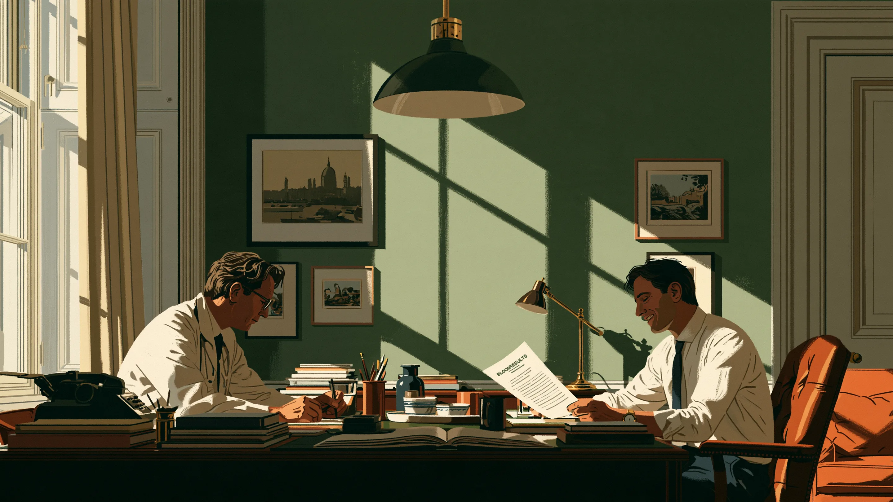 A doctor going through a blood test report with a patient in a bright London clinic