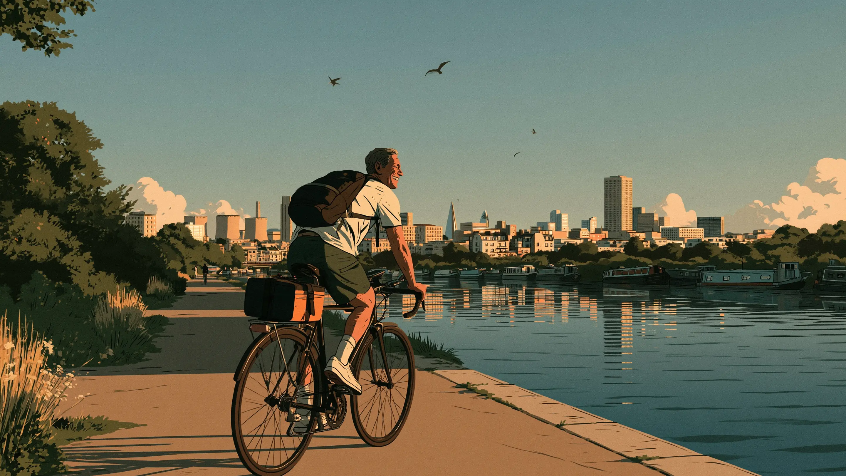 A man in his fifties cycling along the Regent’s Canal towpath in the morning
