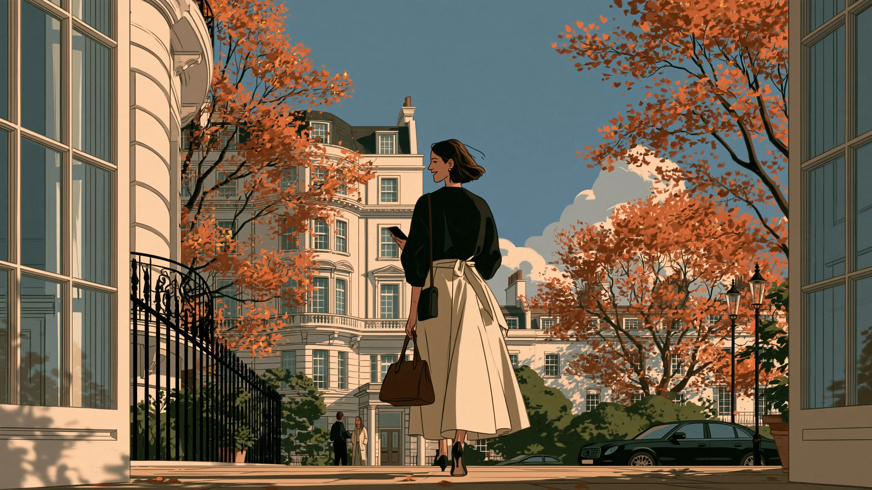 A woman leaving a London clinic in autumn sunshine and greeting her sister