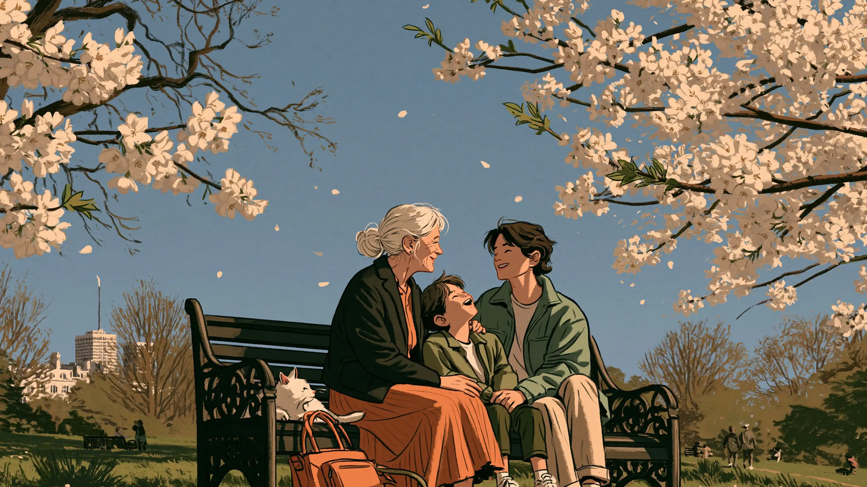 Three generations of a family sitting together on a bench in Regent’s Park