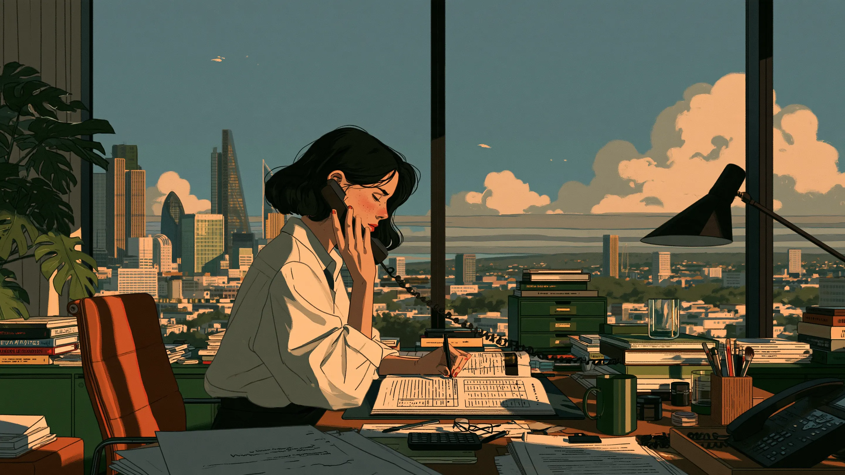 A clinic liaison on the phone in a London office arranging a specialist appointment