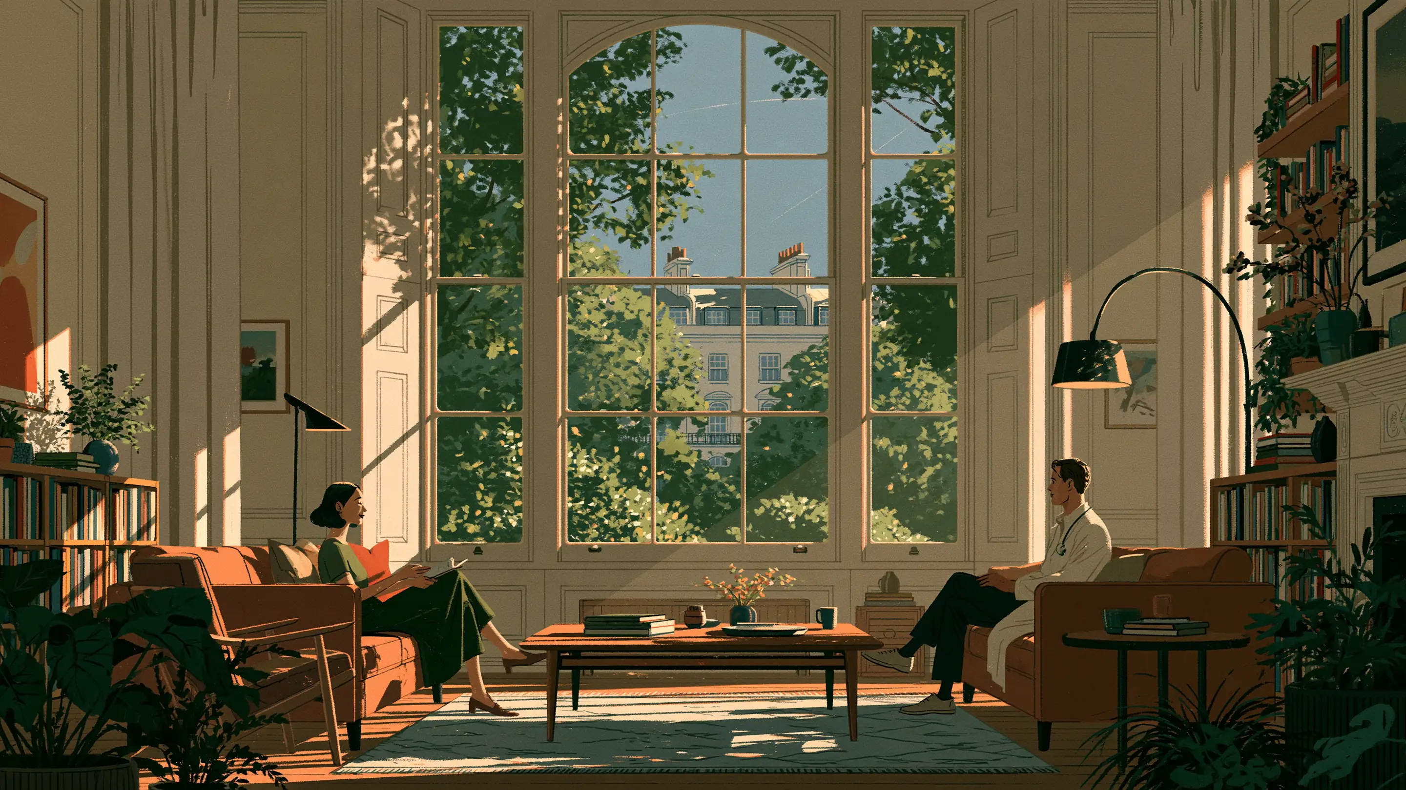 A patient and a doctor in conversation in a bright Marylebone consulting room, a Georgian window behind them