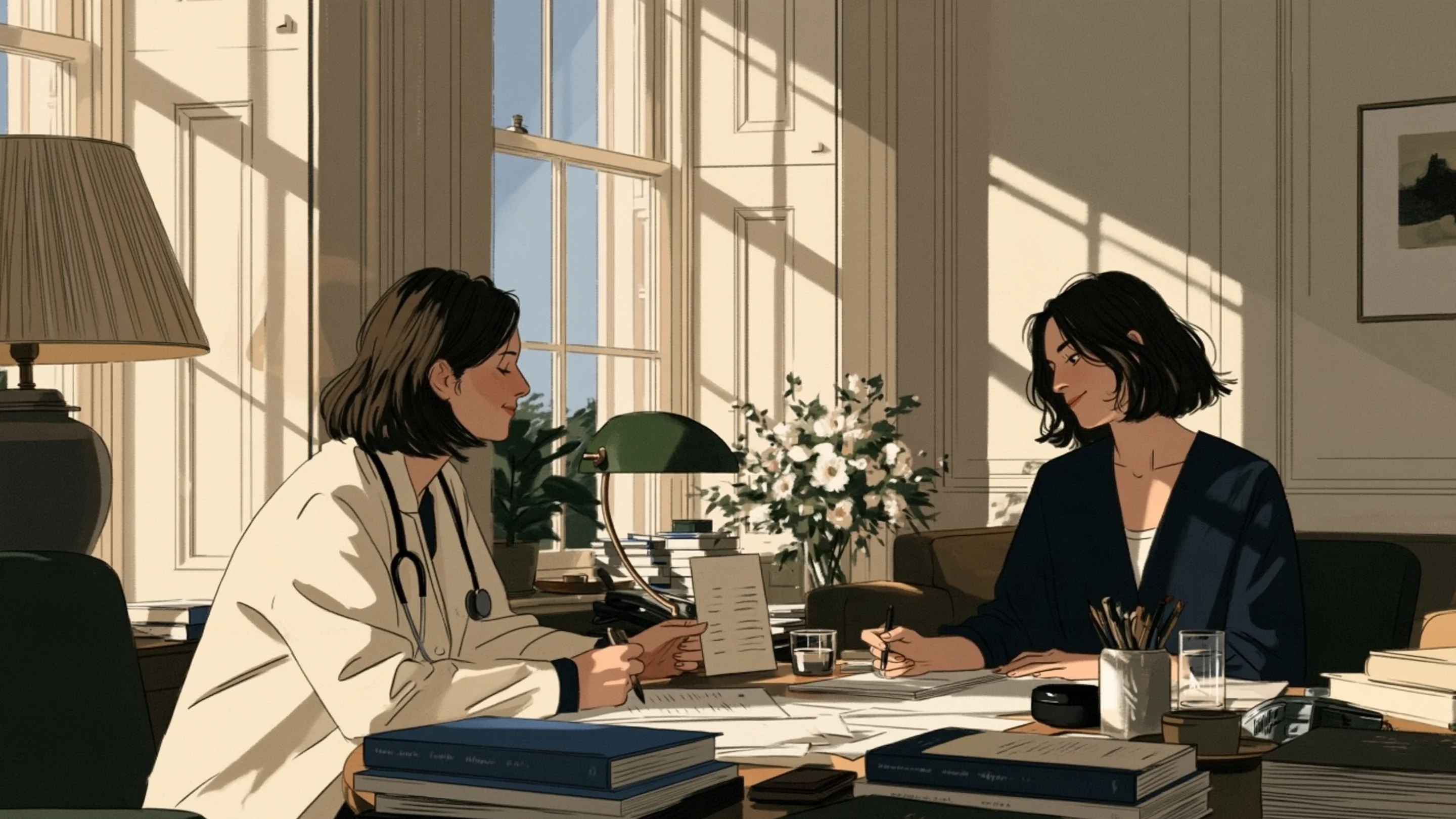 A doctor and a patient talking across a desk in a calm, sunlit London consulting room with tall windows