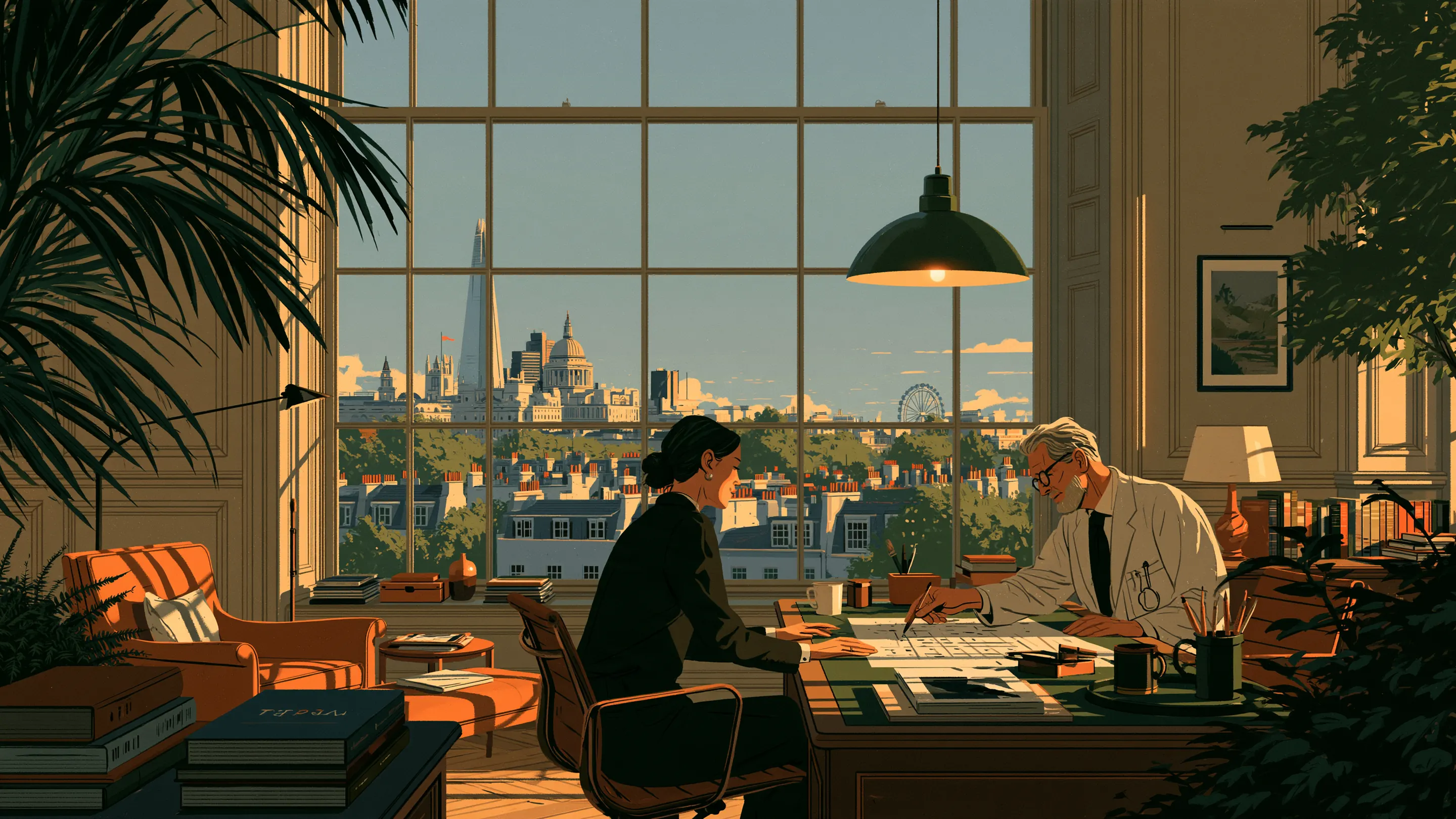 A visitor and a physician going through a written plan in a calm London consulting room, rooftops beyond