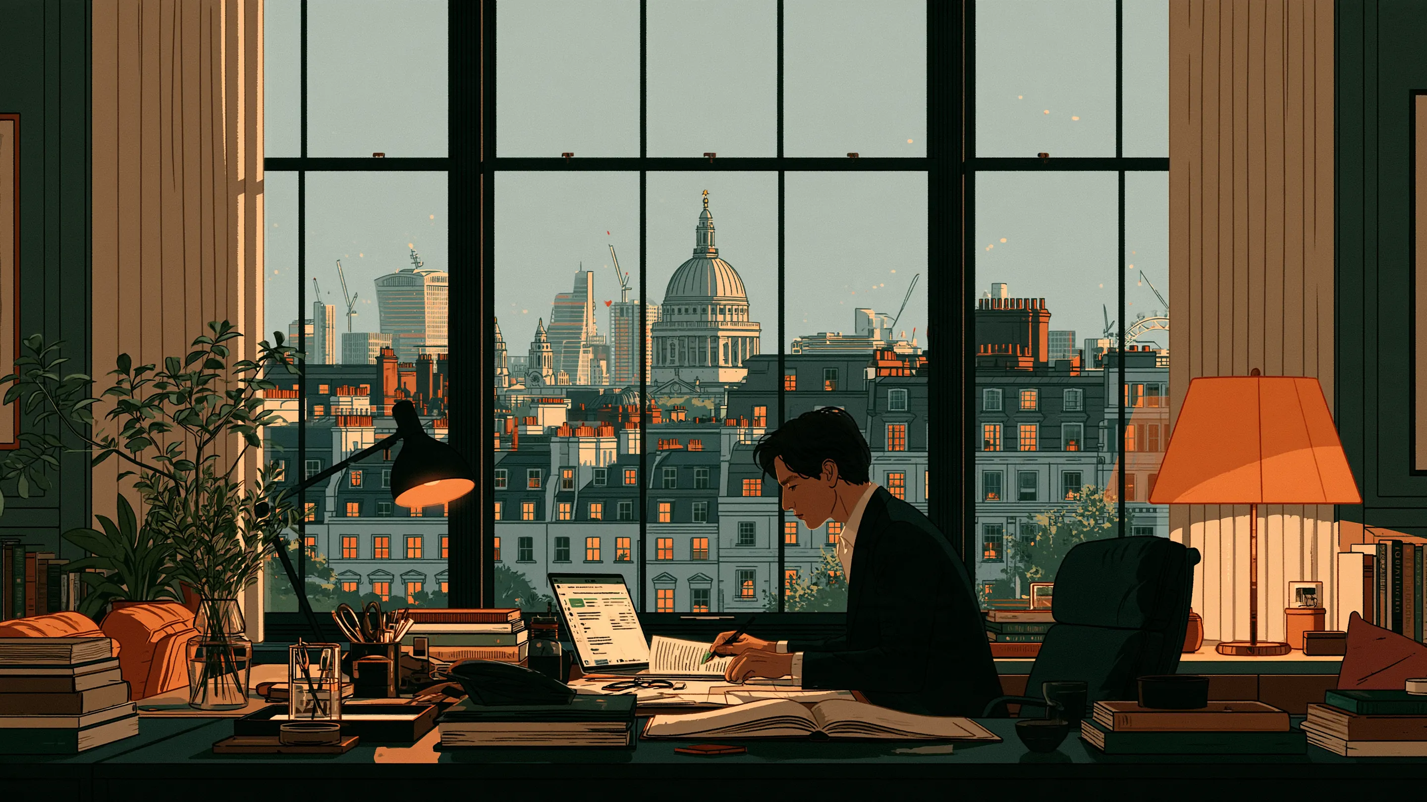 An assistant at a desk in a London office arranging appointments on a phone