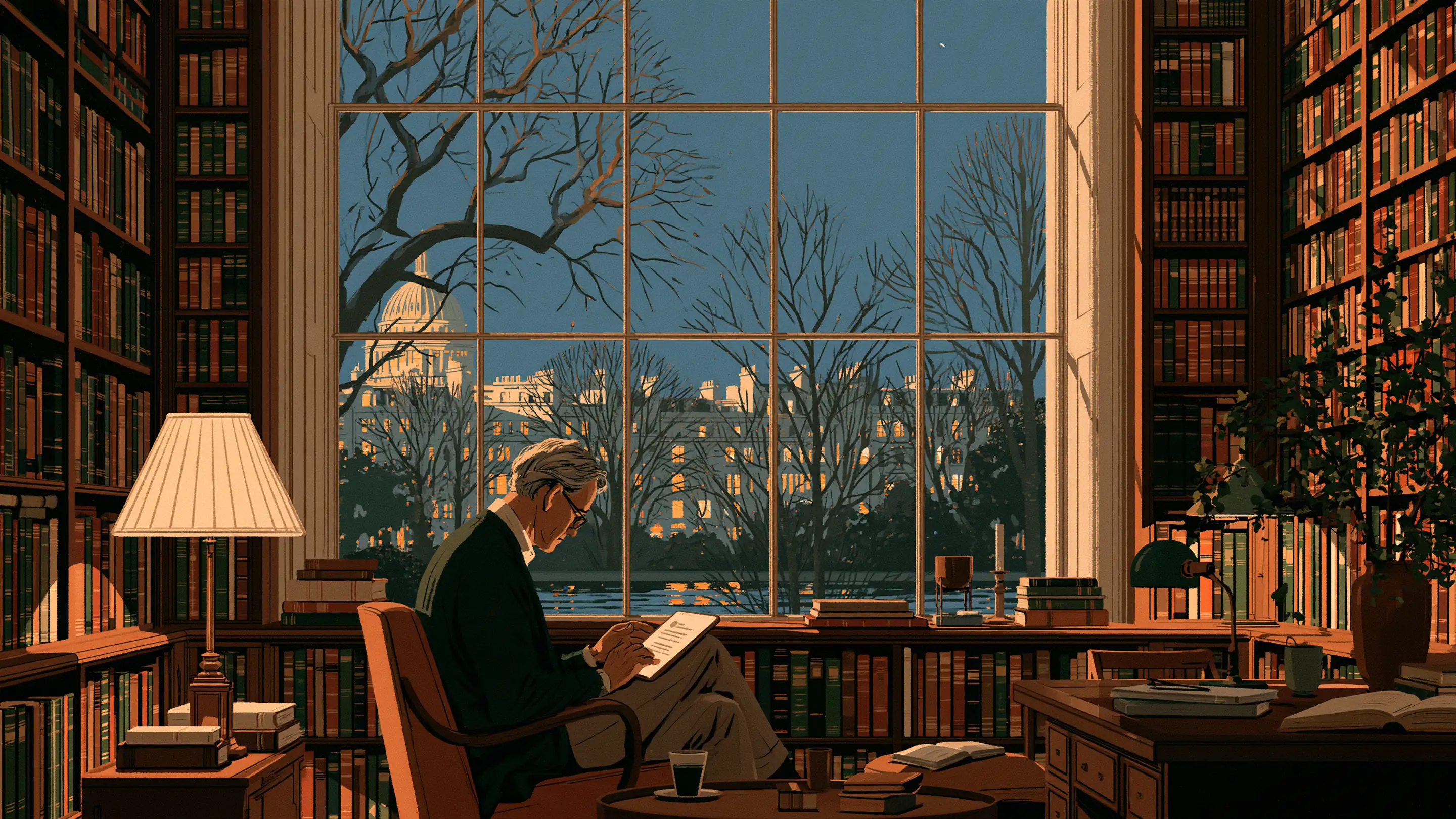 A man reading a tablet in a quiet book-lined room in Belgravia at dusk
