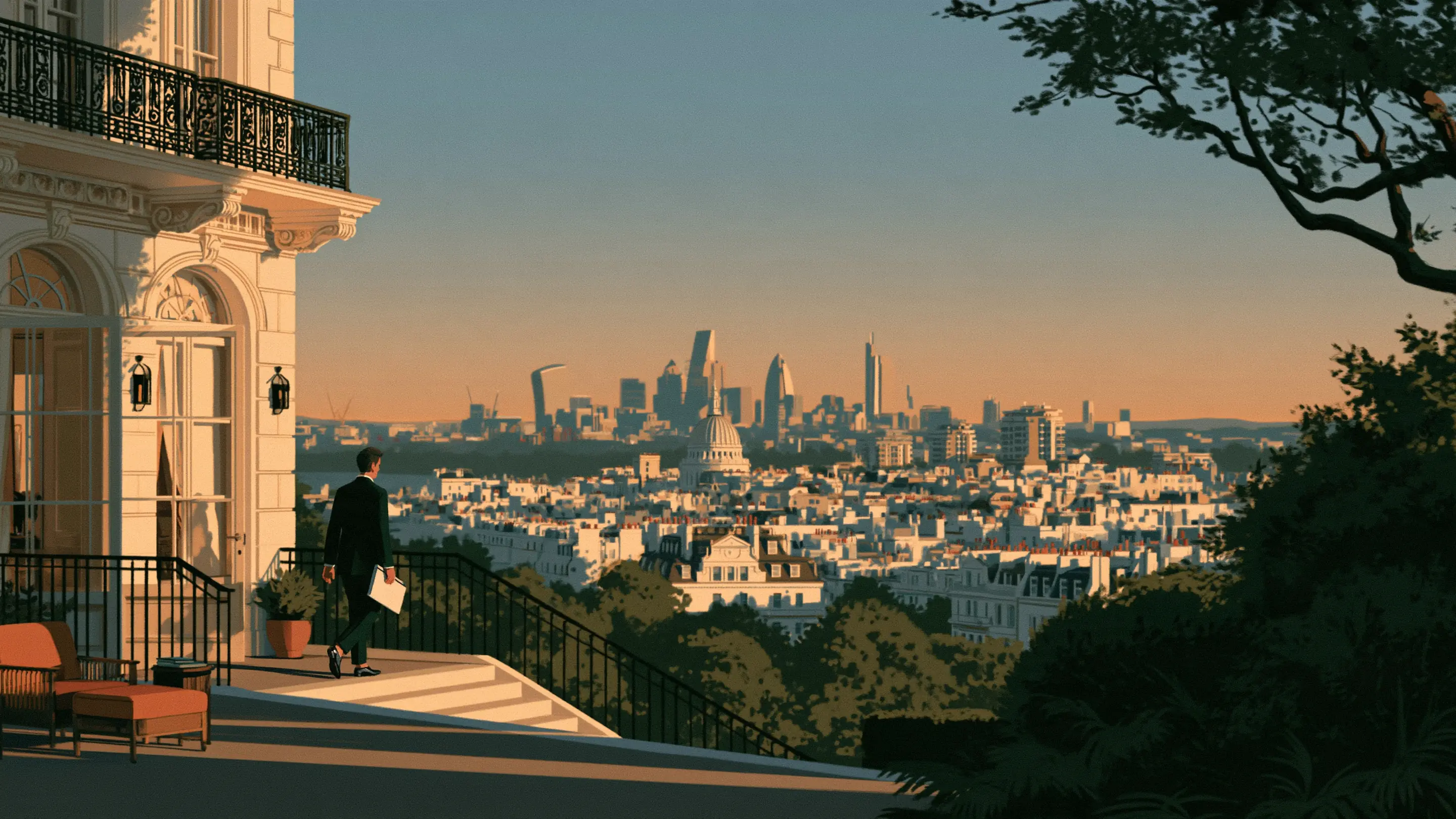 An executive leaving a London clinic in the evening with a written health plan