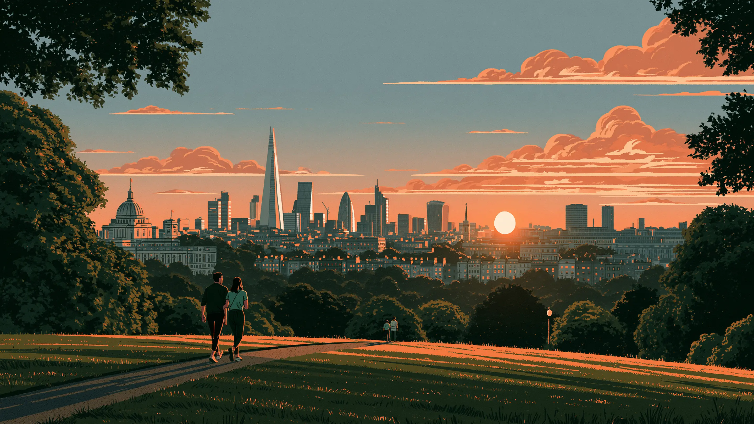 A couple walking up Primrose Hill at sunrise with the London skyline behind them