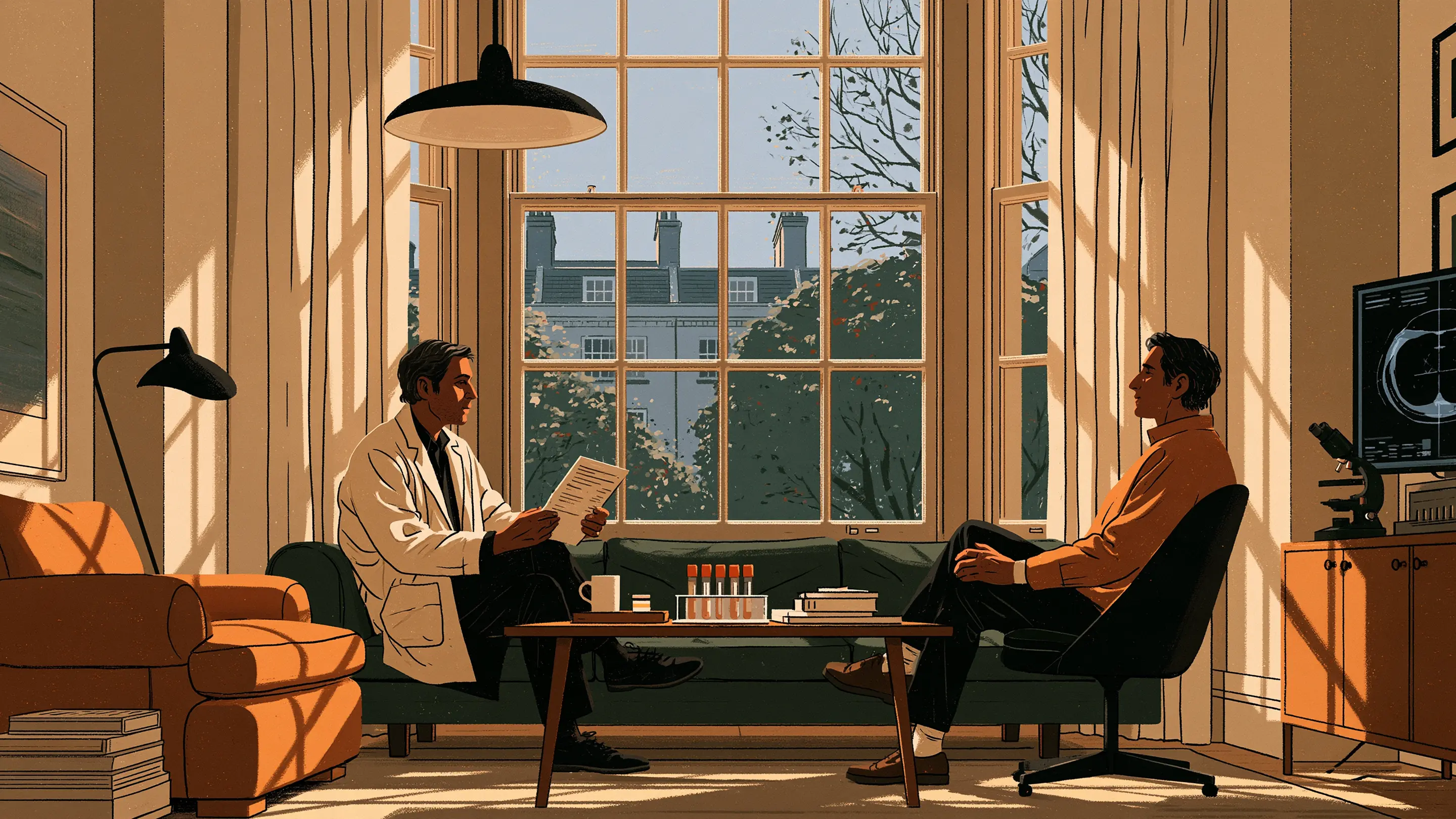 A doctor reading a laboratory report with a patient in a London consulting room