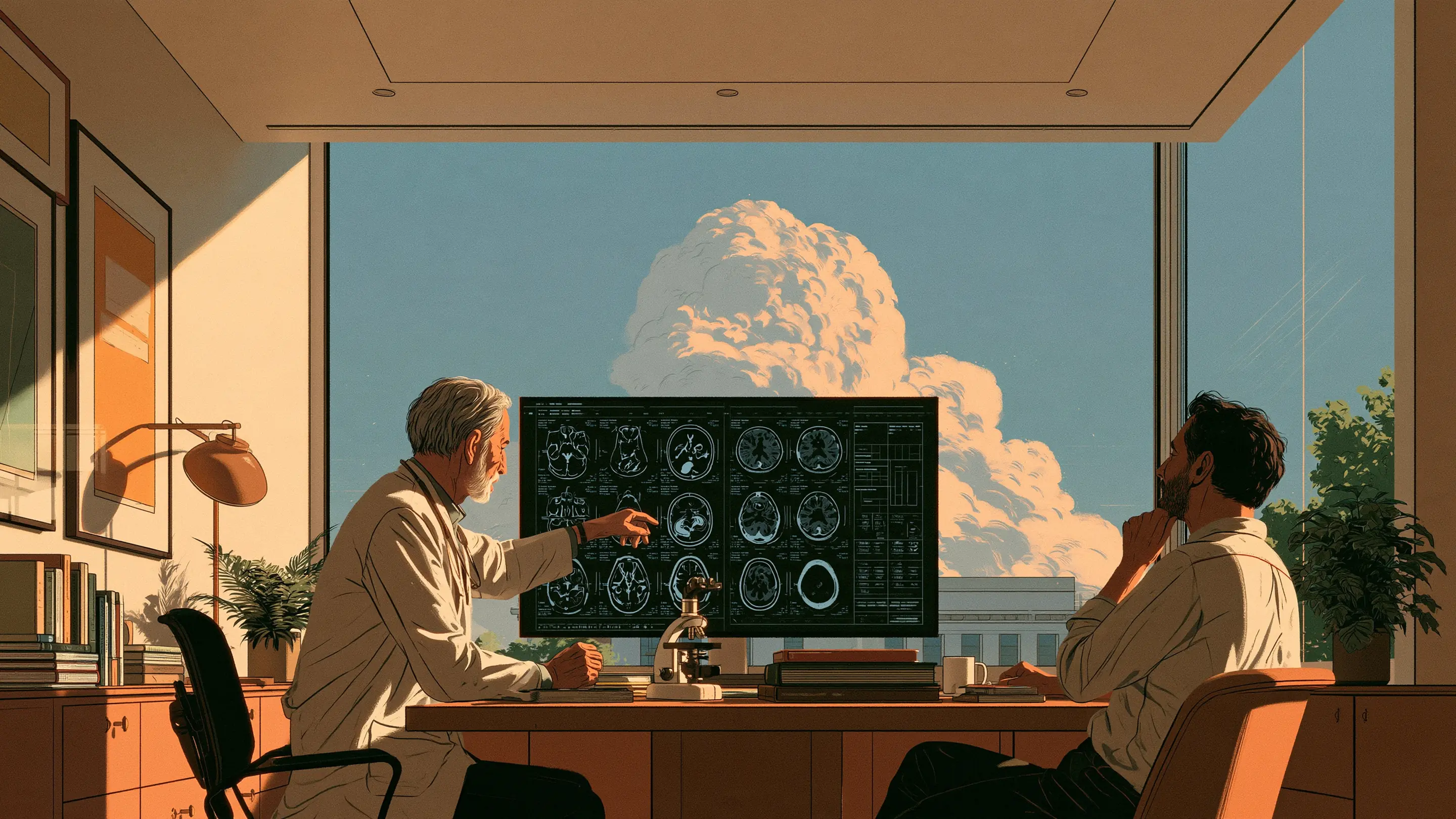 A doctor explaining MRI images to a patient on a screen in a London consulting room