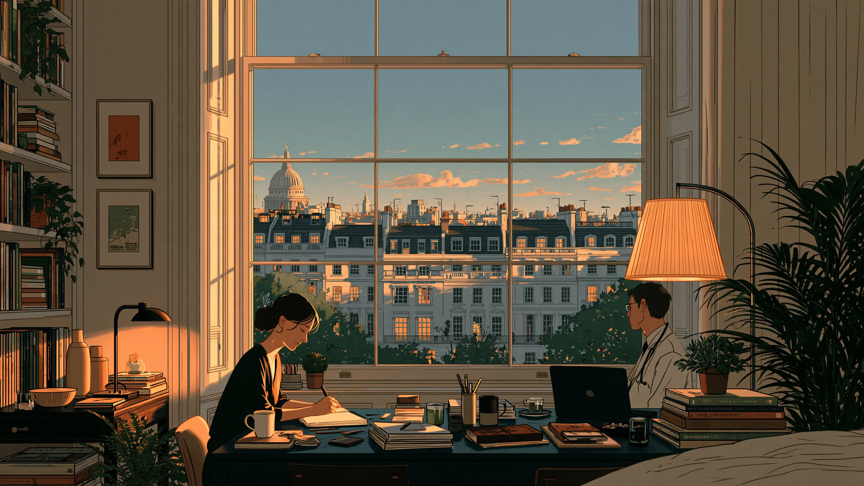 A woman writing notes at a sunlit table beside a doctor in a Marylebone consulting room
