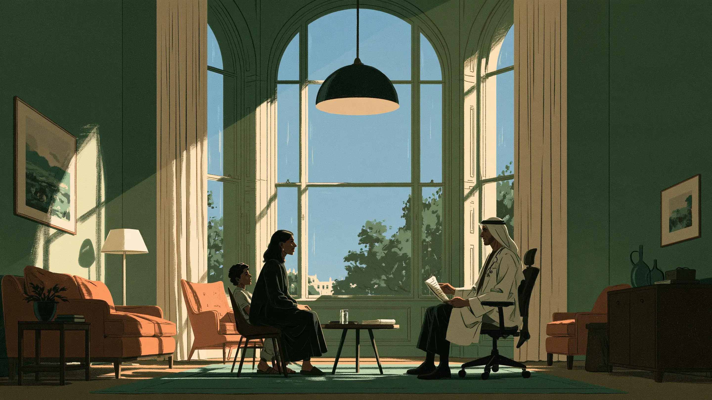 A family talking with a doctor in a calm London consulting room