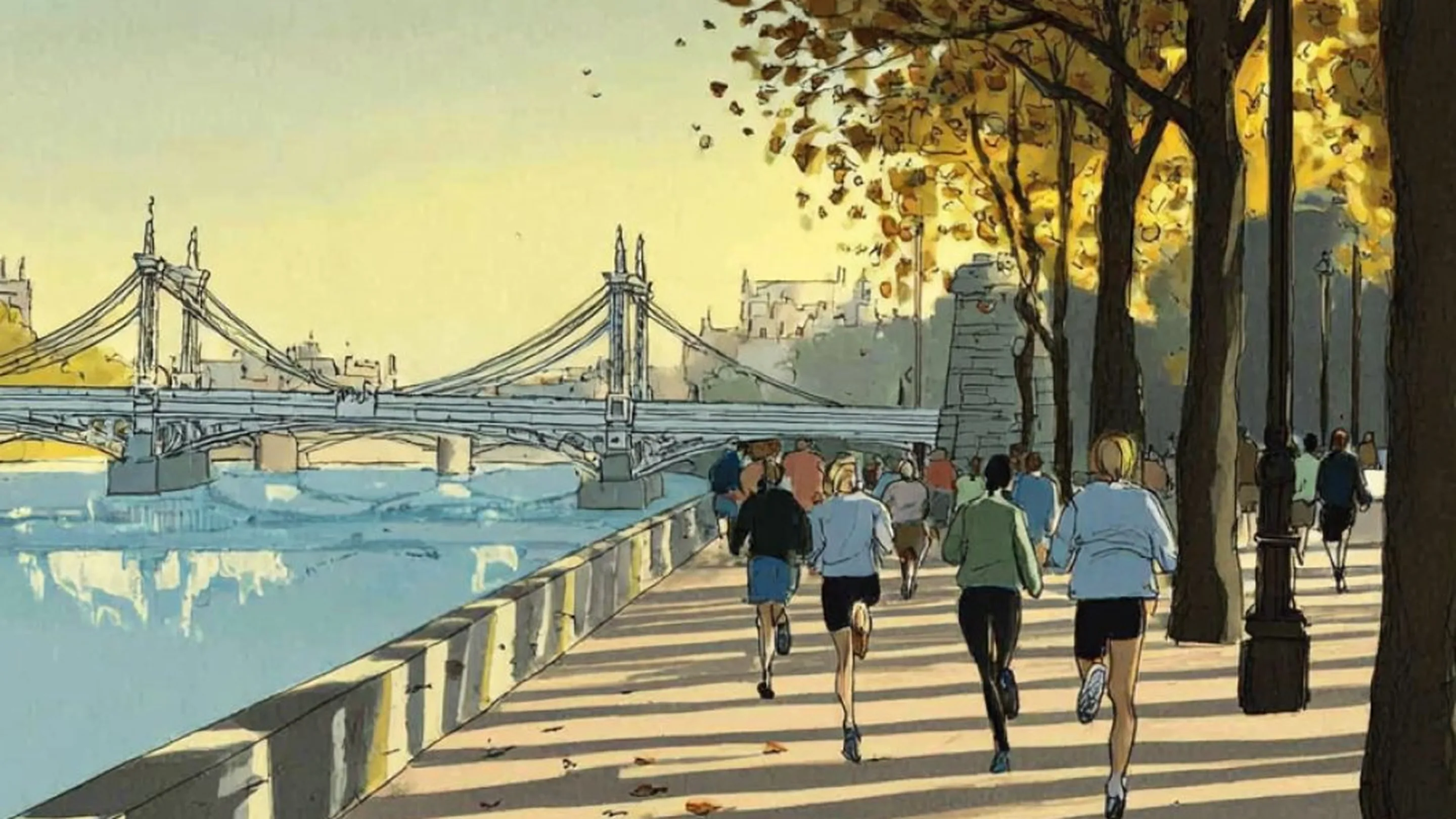 Runners on the Chelsea Embankment under autumn plane trees, the Albert Bridge beyond