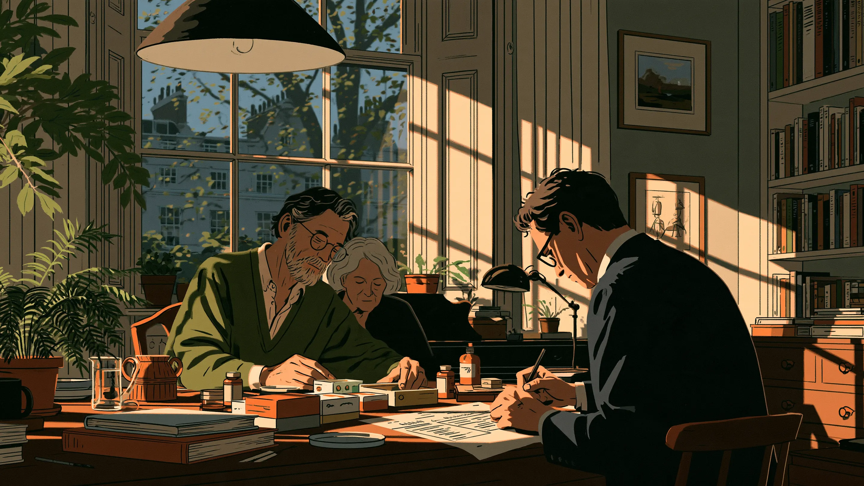 A doctor going through a couple’s medicines with them at their dining table