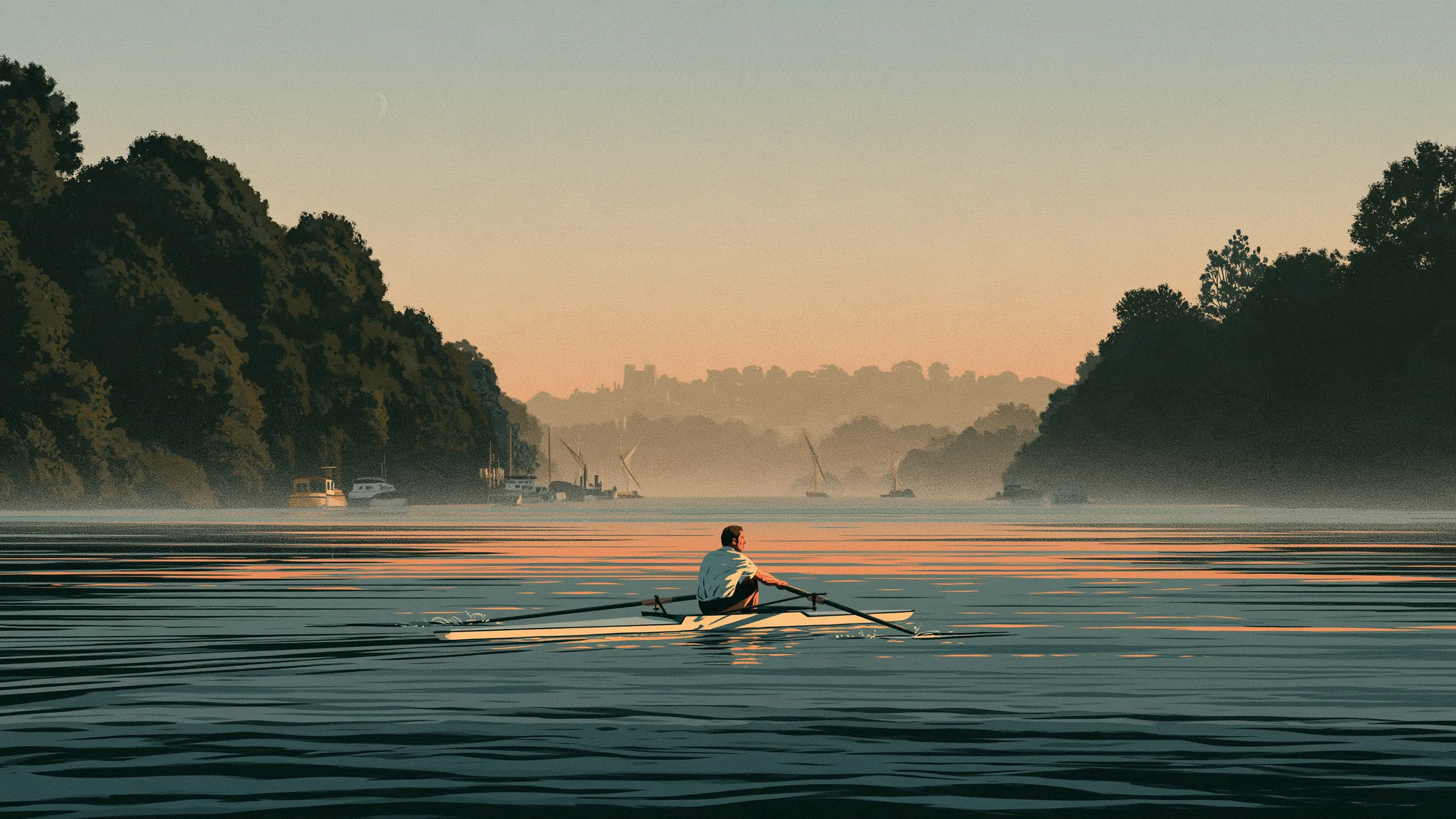 A man rowing a single scull on the Thames at Putney in the early morning mist
