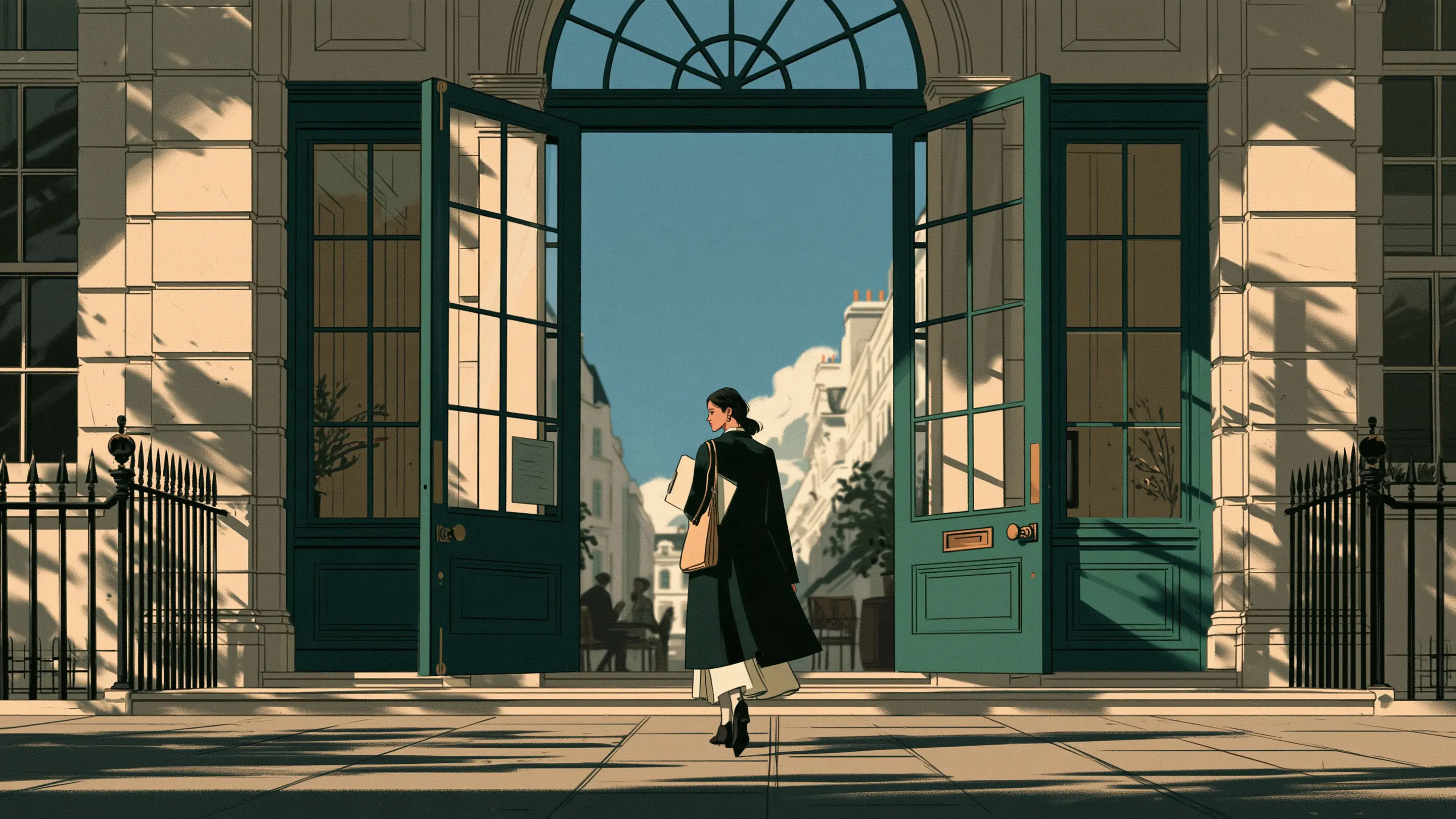 A visitor leaving a London clinic in the morning light with a folder of results