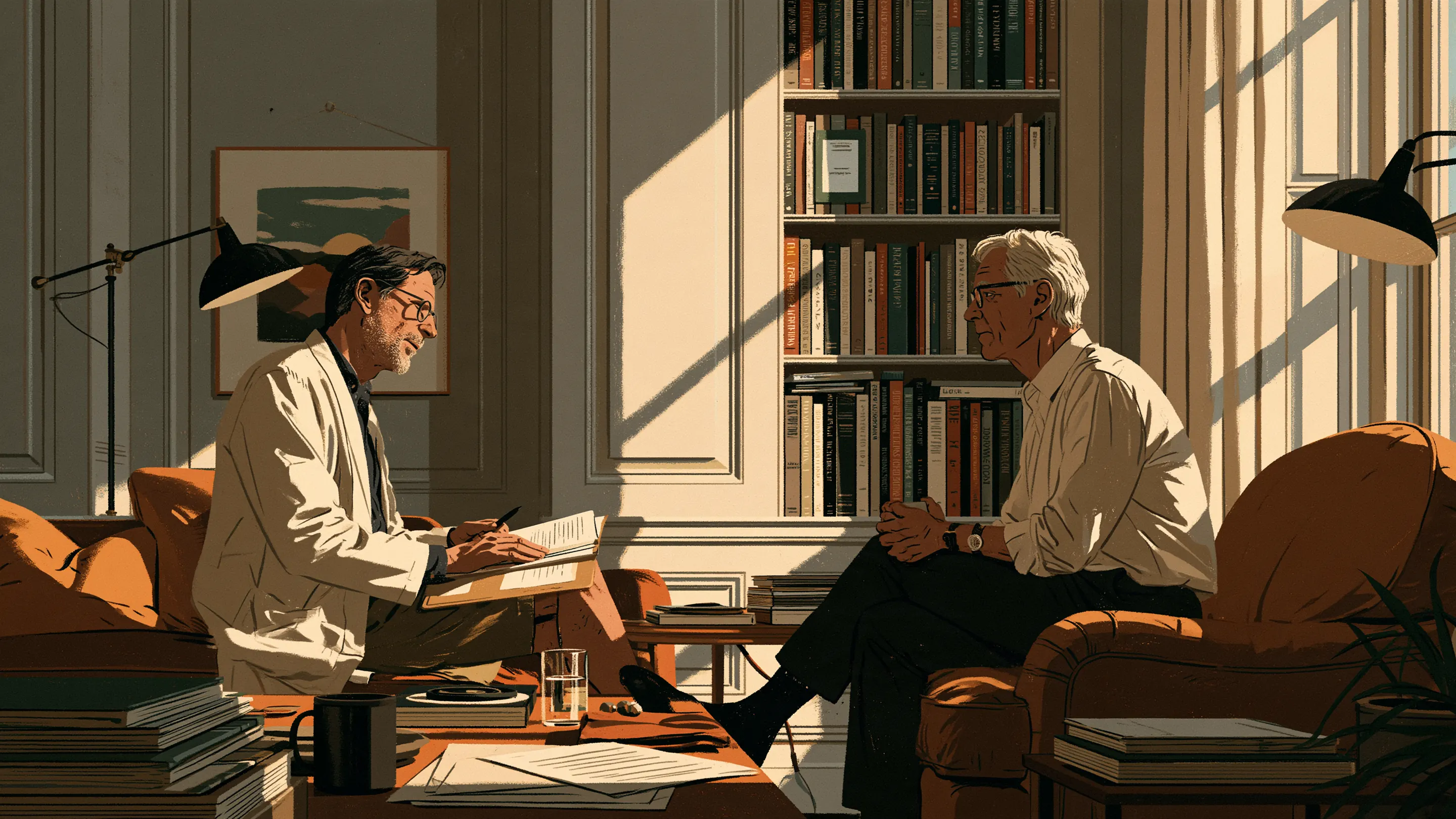 A patient and his doctor reviewing letters and results before an operation