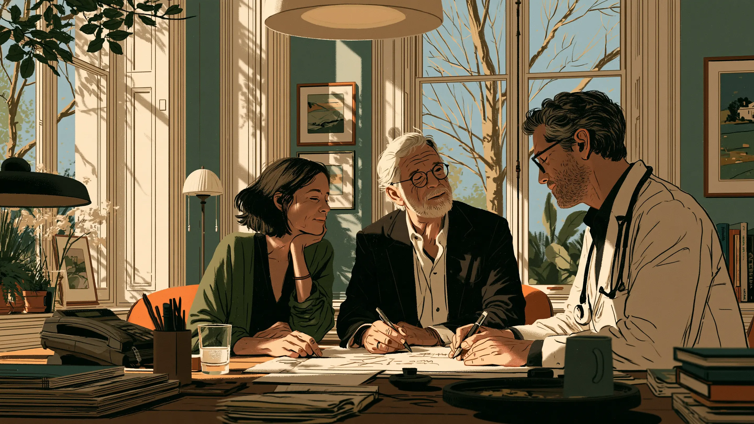 A doctor and a patient going through a plan together in a light-filled London consulting room