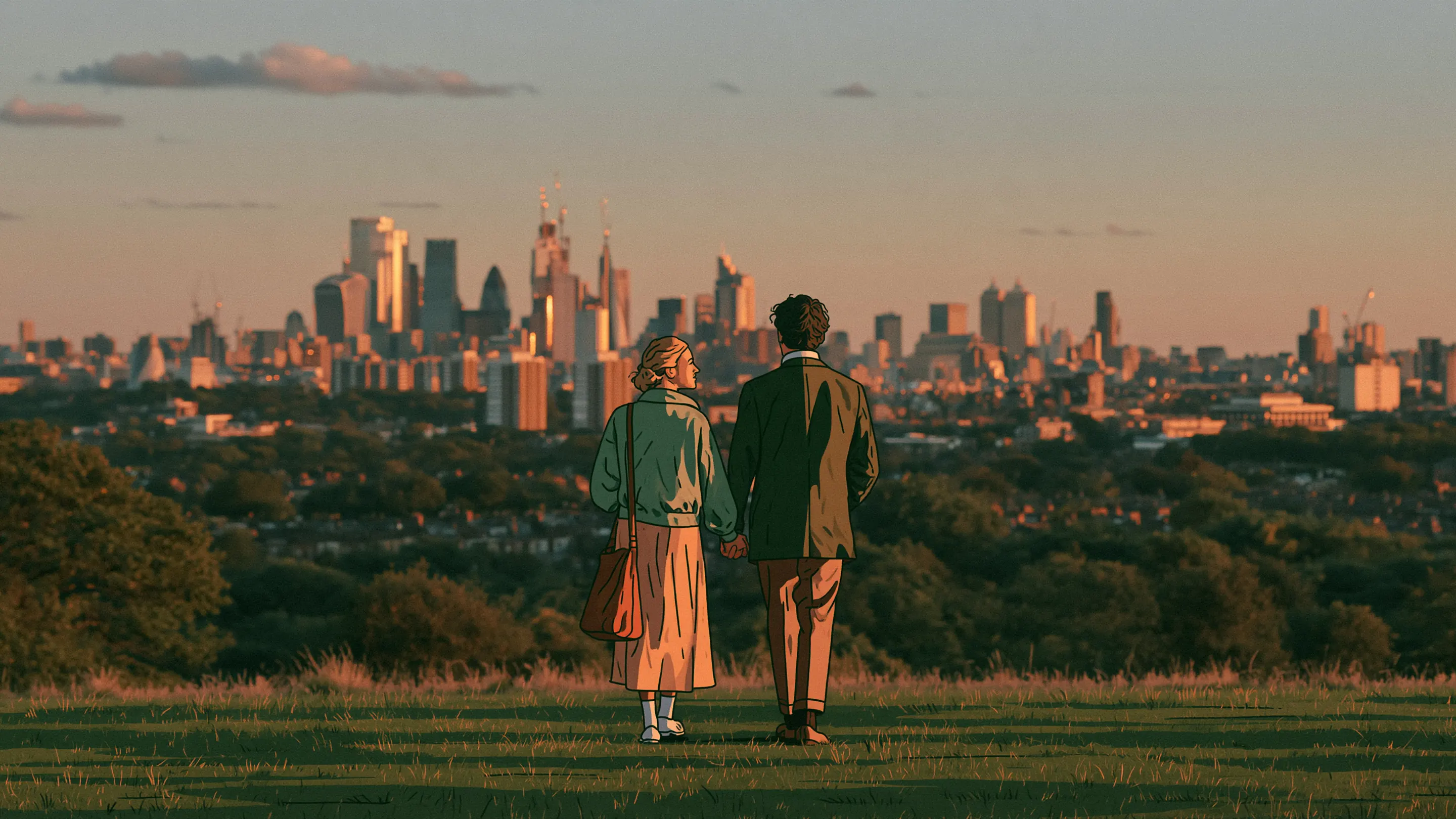 A couple walking hand in hand on Primrose Hill with the London skyline behind them