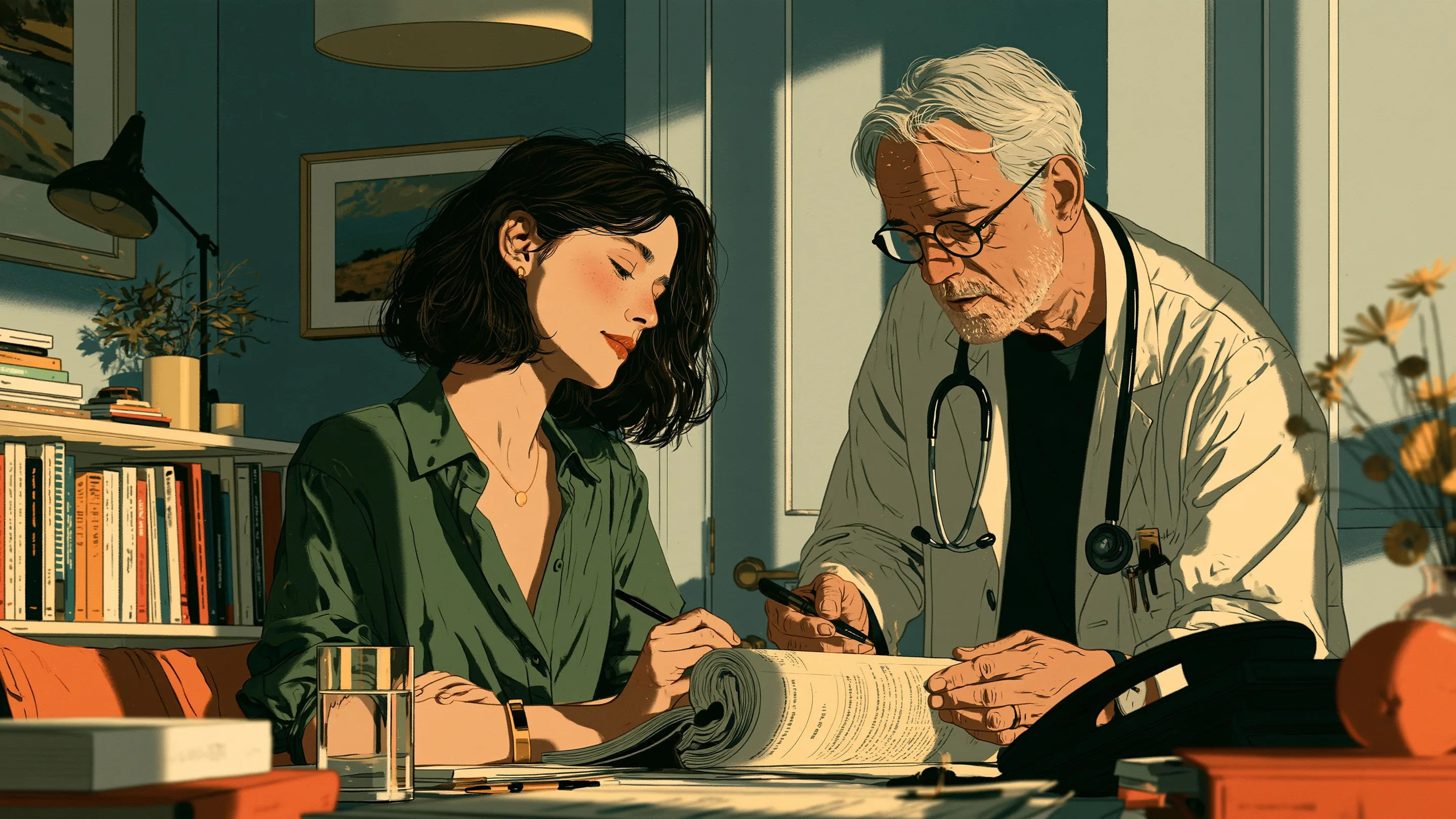 A doctor explaining a health check report to a patient in a London consulting room