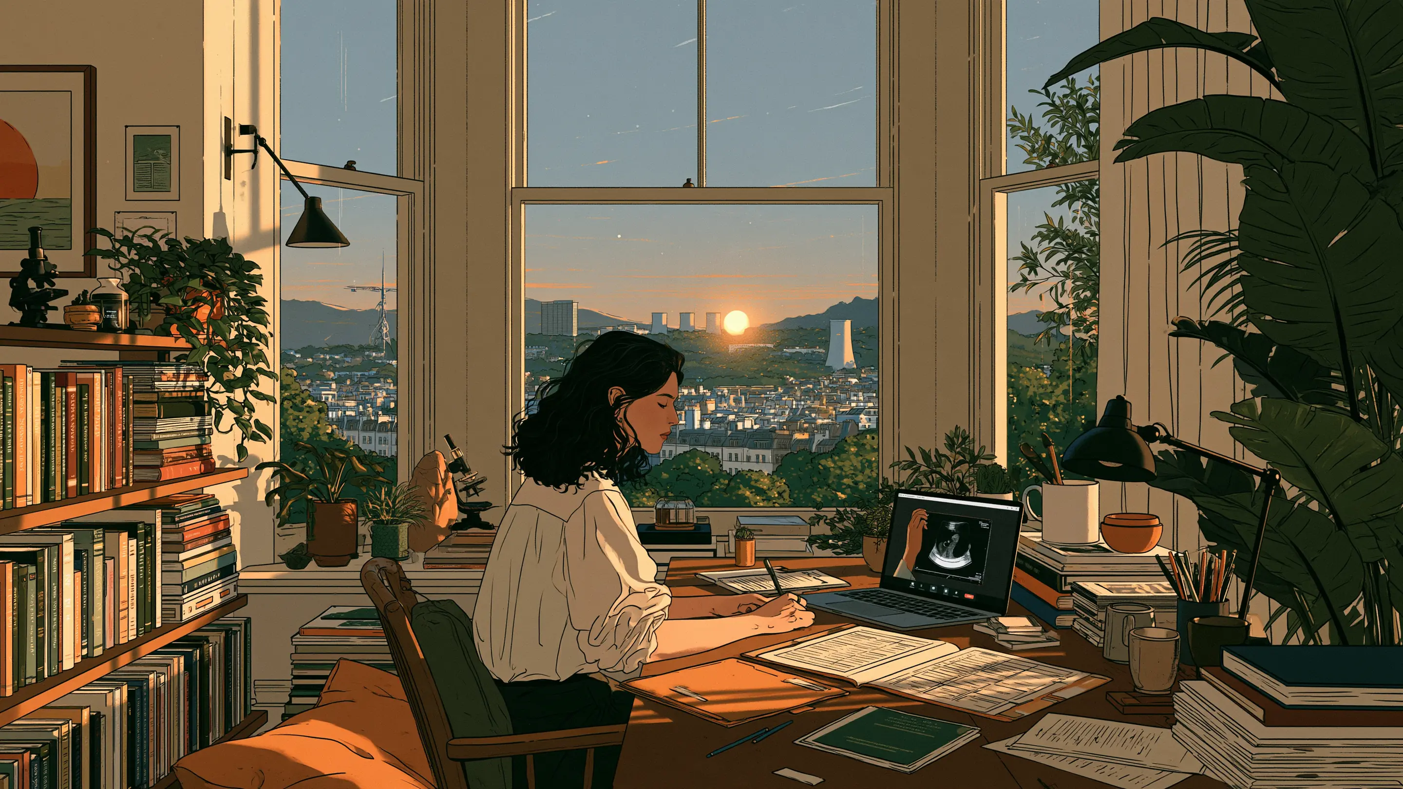 A patient abroad on a video call with a London consultant reviewing her scan