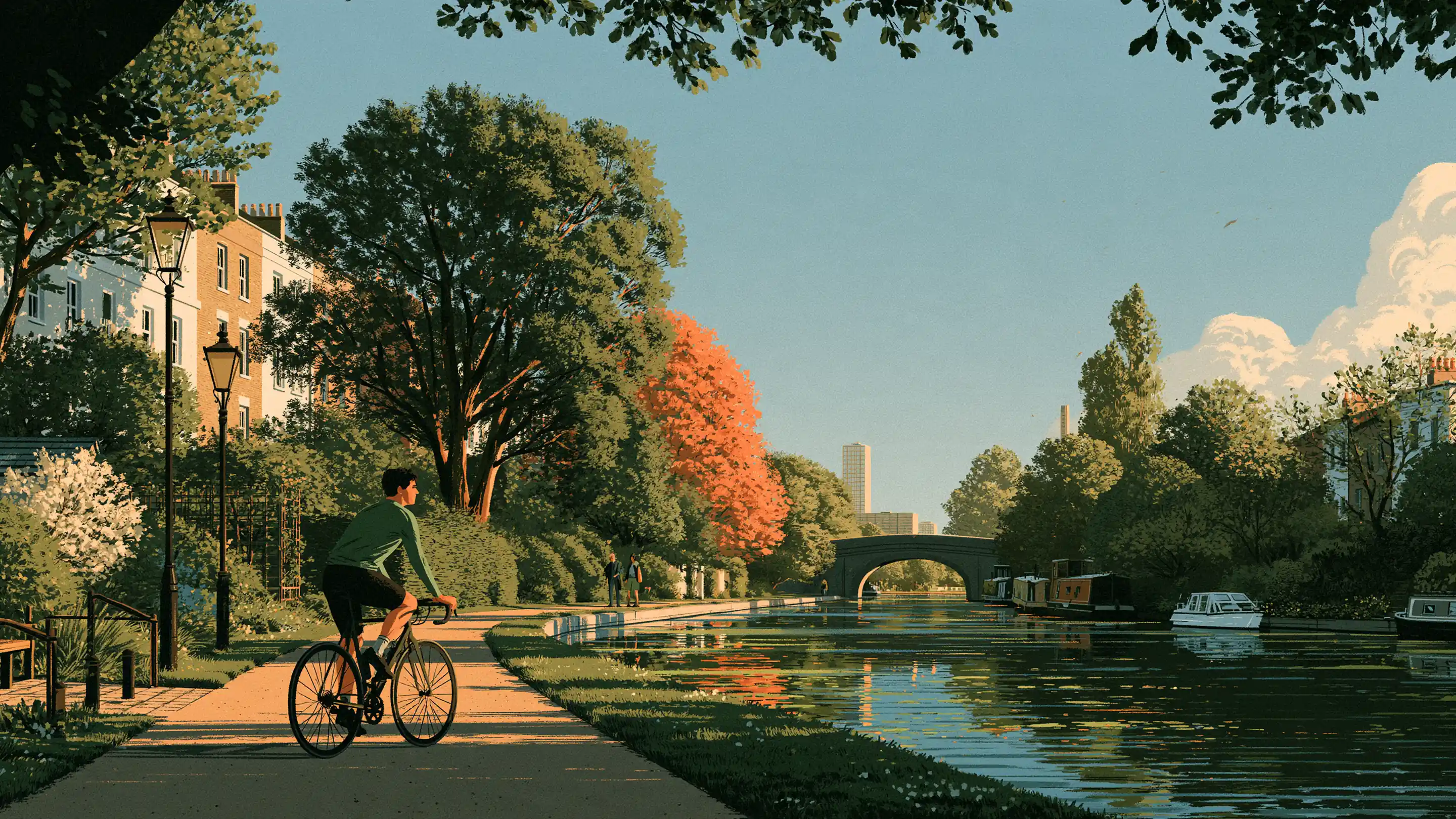 A man cycling along the Regent’s Canal towpath on a spring morning