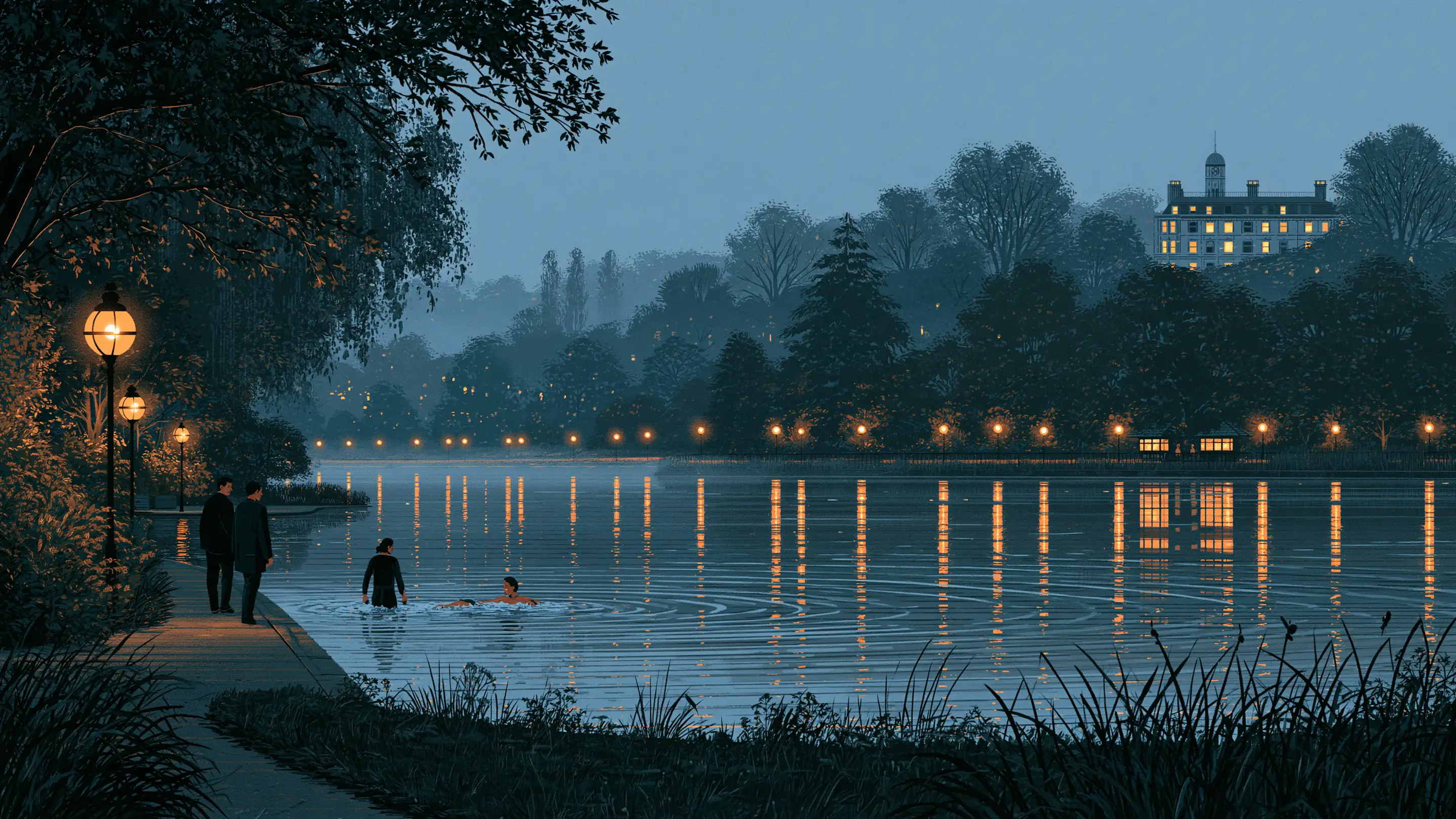 A couple climbing out of a Hampstead Heath pond on a misty morning, smiling