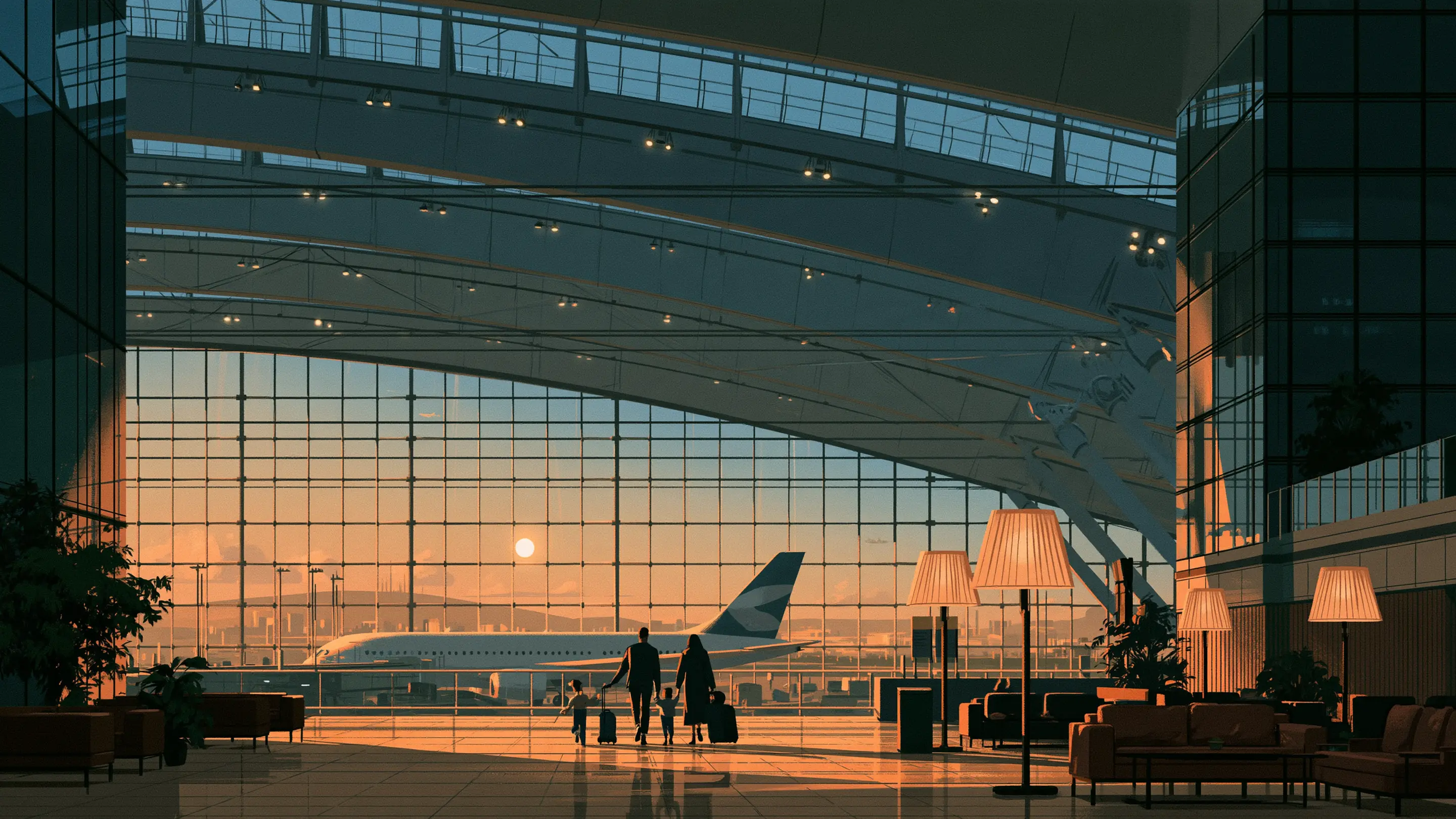 A family with two young children walking through a bright airport departures hall with their luggage
