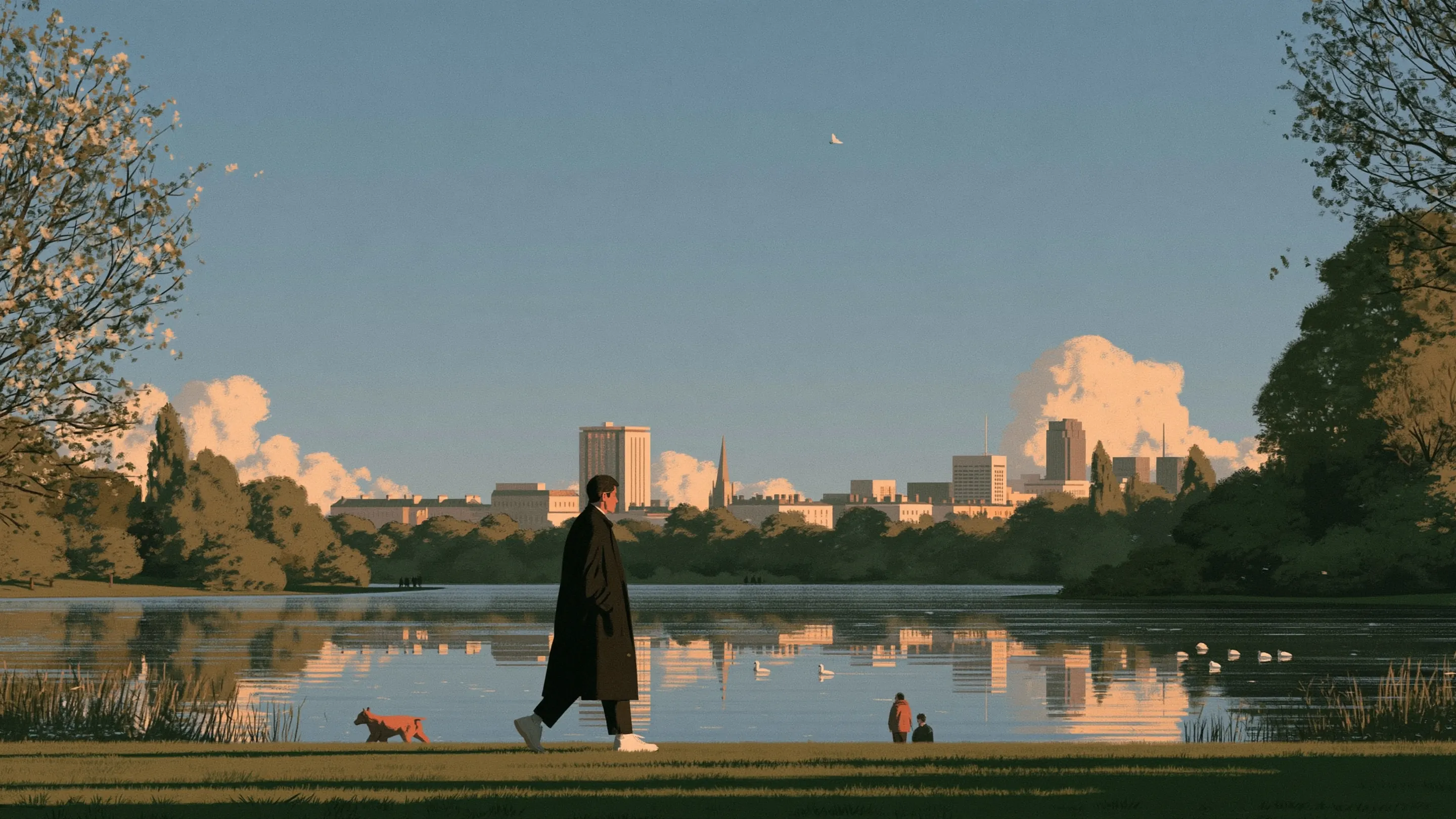 A man walking across Regent’s Park in clear morning light