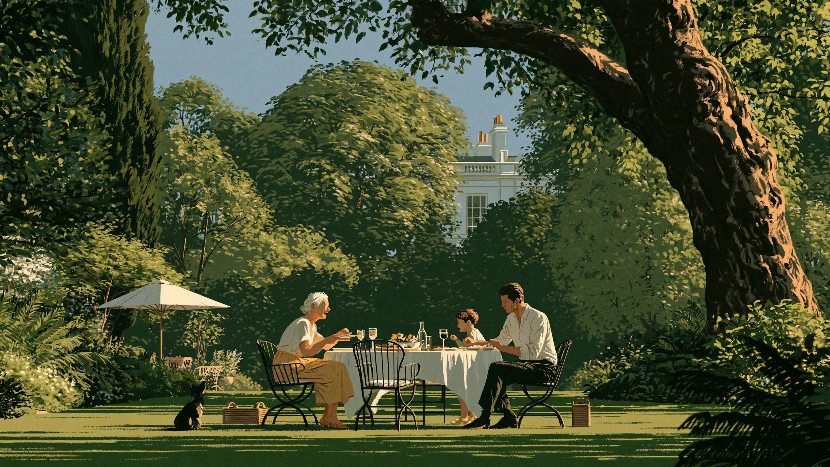 Three generations of a family at a garden lunch table in Kensington