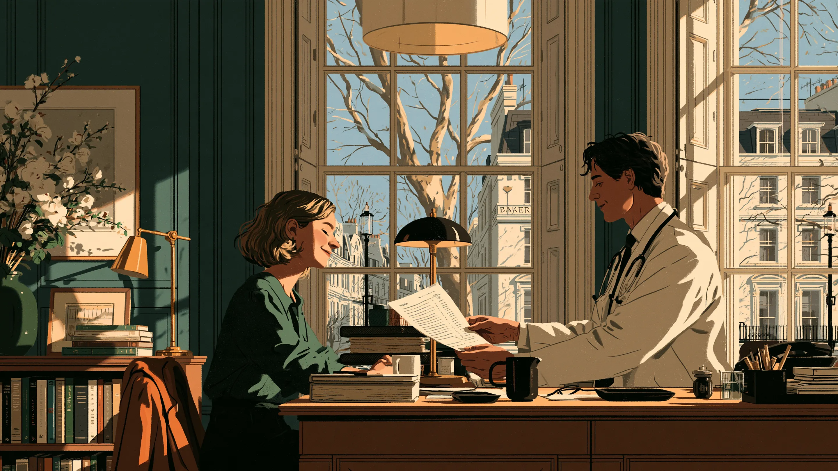 A doctor handing a patient a clear page of fees at a London clinic reception