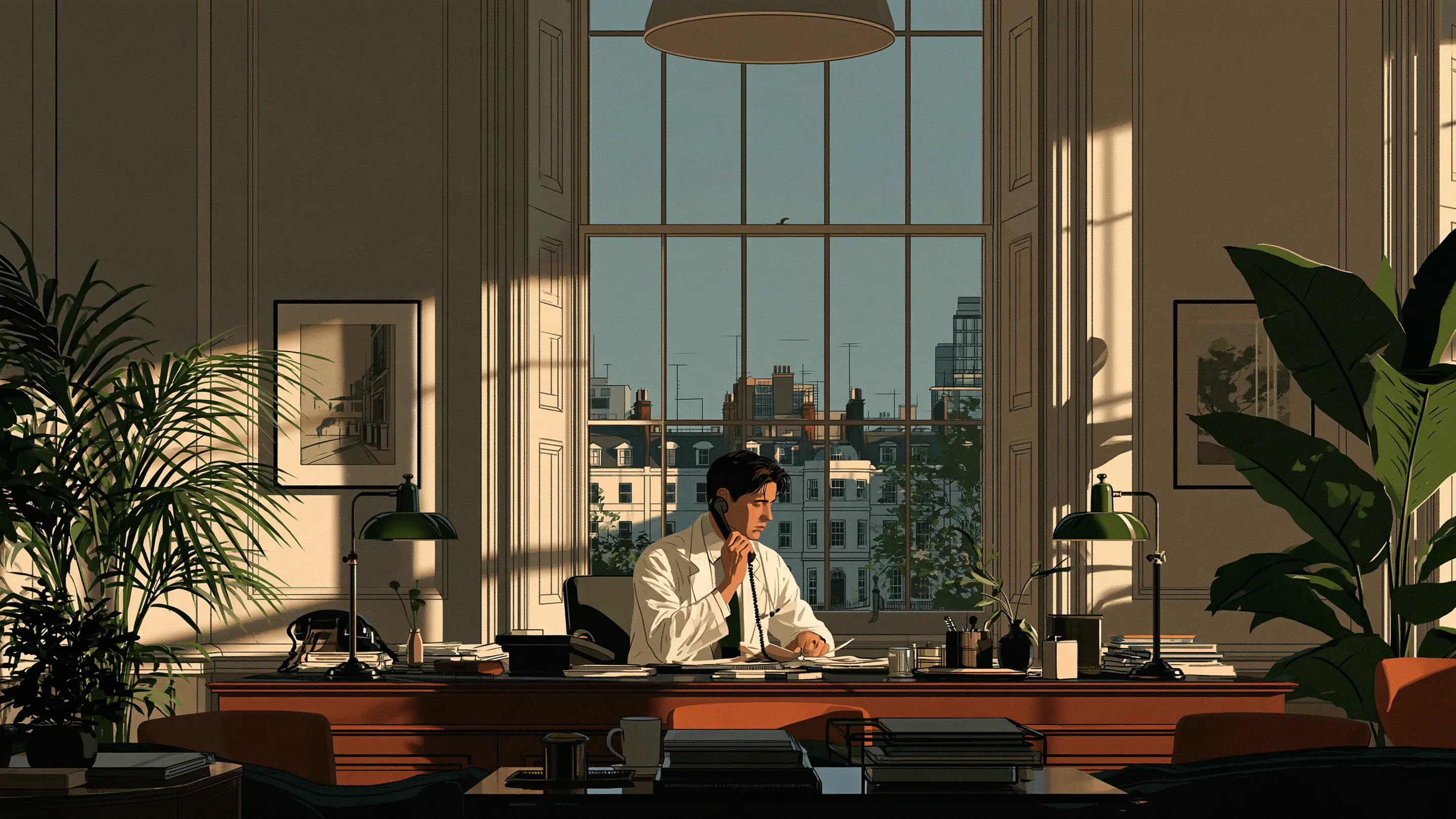 A doctor on the telephone at a London clinic desk, guiding a family to the right care
