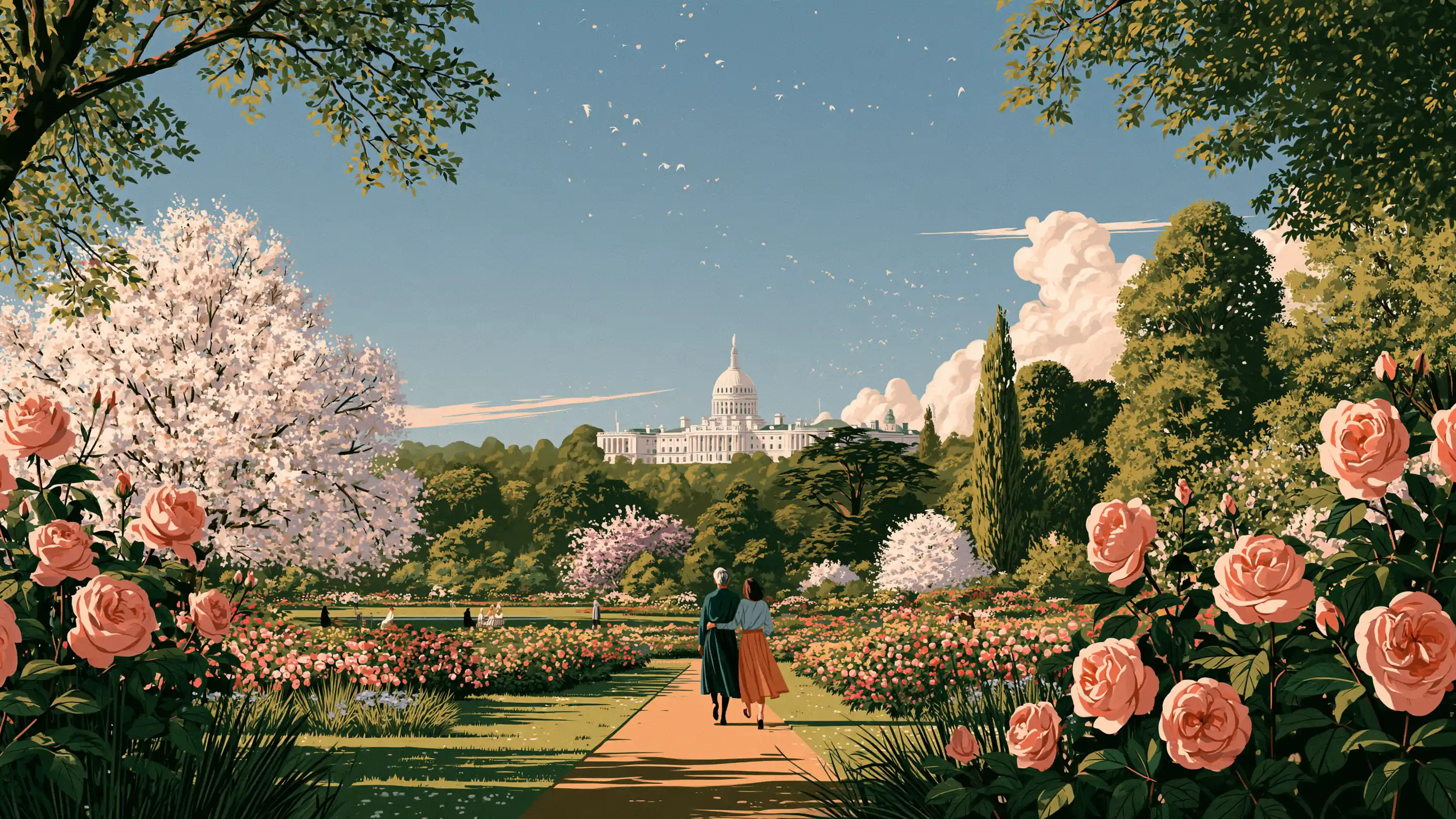 A mother and her adult daughter walking arm in arm through a rose garden in Regent’s Park