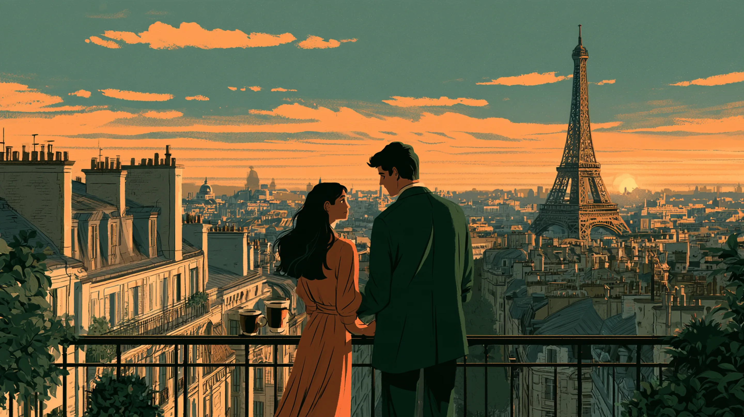 An elegant couple standing side by side on a Haussmann balcony in Paris at sunset, looking over the rooftops to the Eiffel Tower