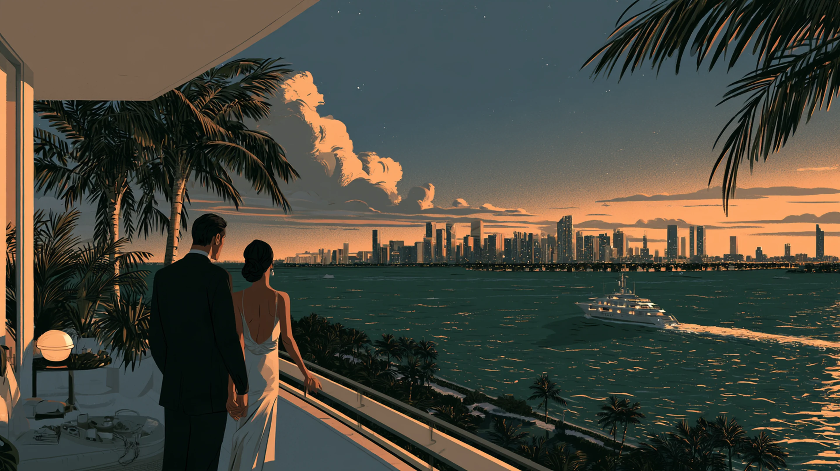 An elegant couple on the terrace of a Bal Harbour apartment in Miami at golden hour, Biscayne Bay and the skyline beyond