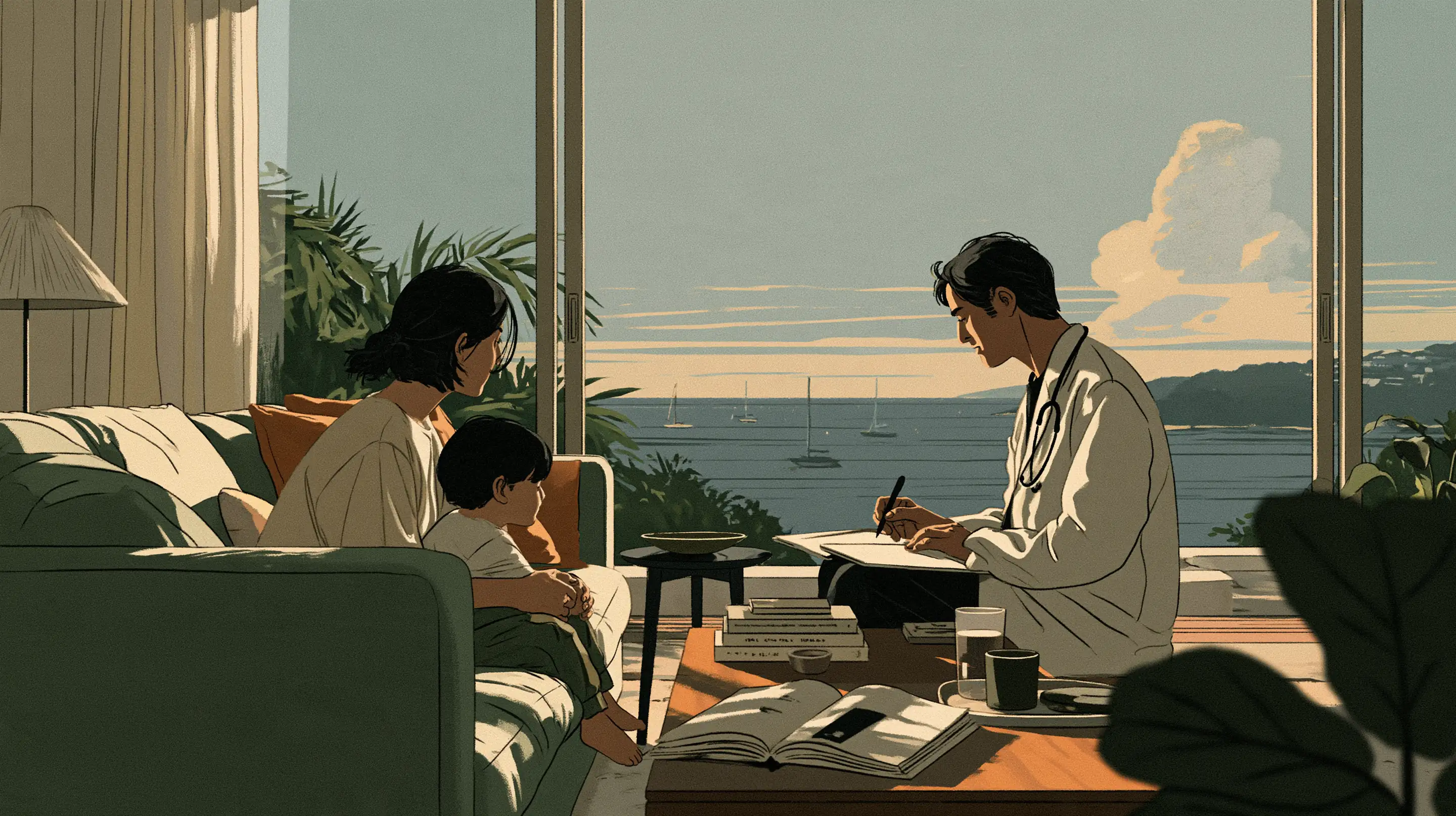 A doctor writing notes with a mother and her young son on the sofa of a light-filled Sydney home, sailboats on the harbour through the glass doors